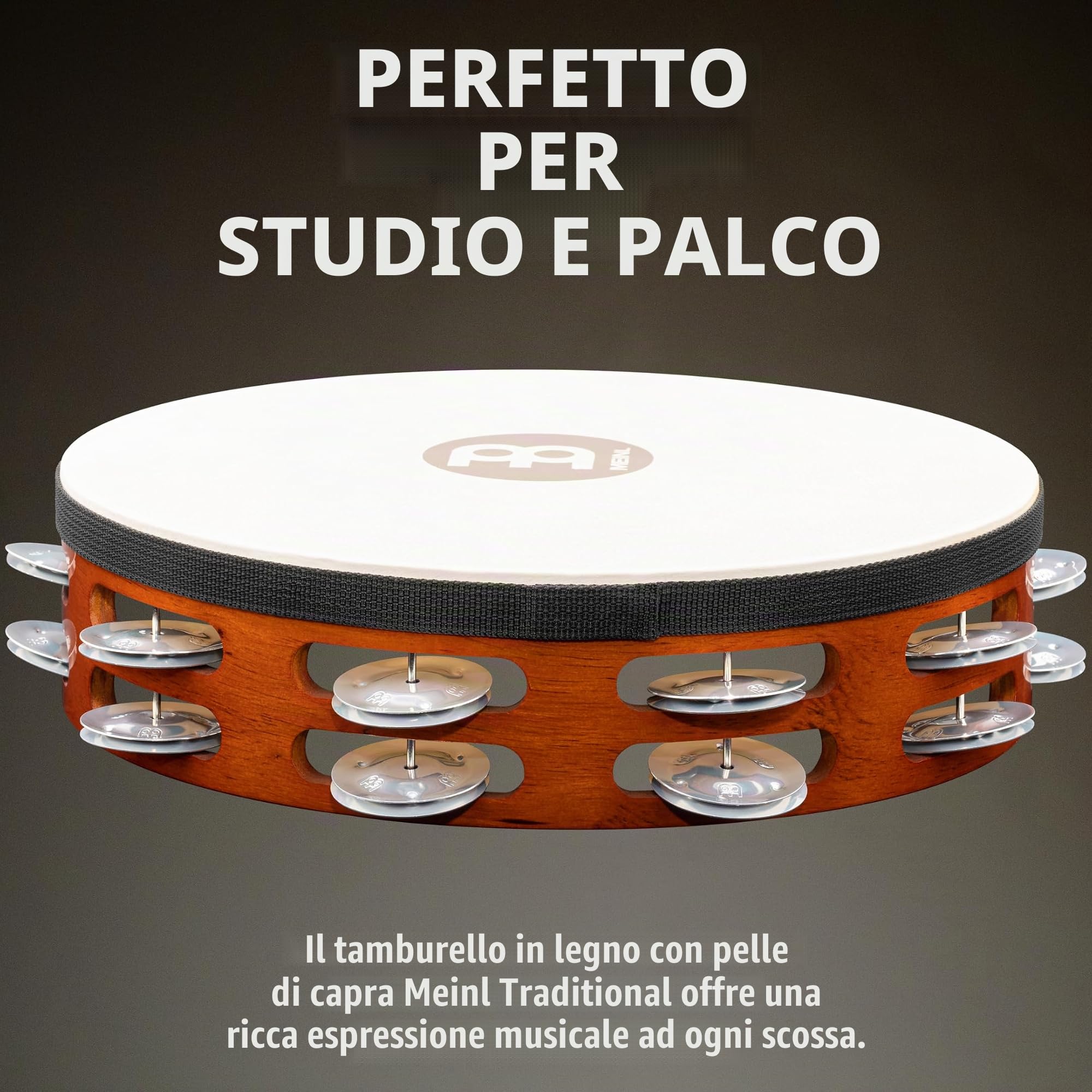 Meinl Percussion TAH2A-AB - Tamburello in legno con pelle e 2 file di sonagli d'alluminio nel telaio, diametro: 25,40 cm (10''), colore marrone African