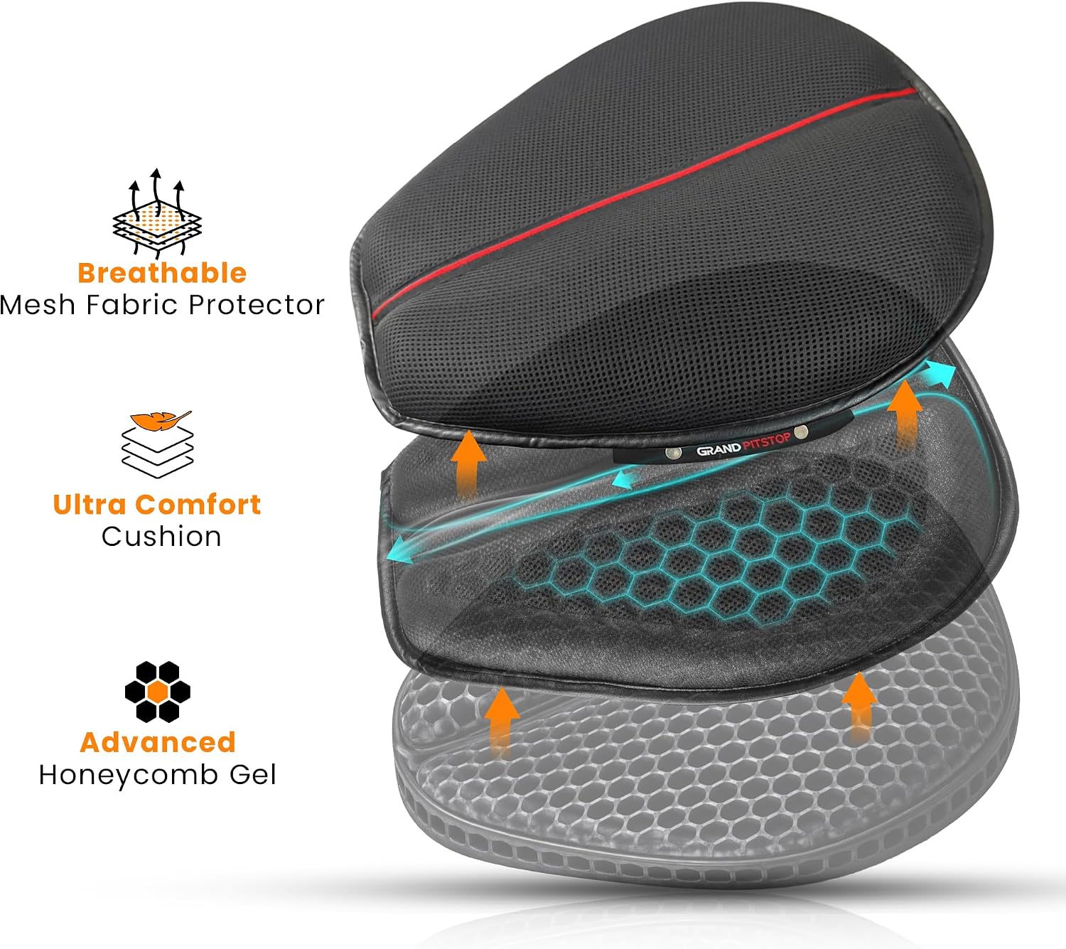 GRAND PITSTOP Motorcycle Gel Seat Cushion with Cover, 3D Honeycomb Gel Seat Pad, Breathable Pressure Relief Comfort for Long Rides, Universal Fit for Cruiser, Touring & Commuter Bikes