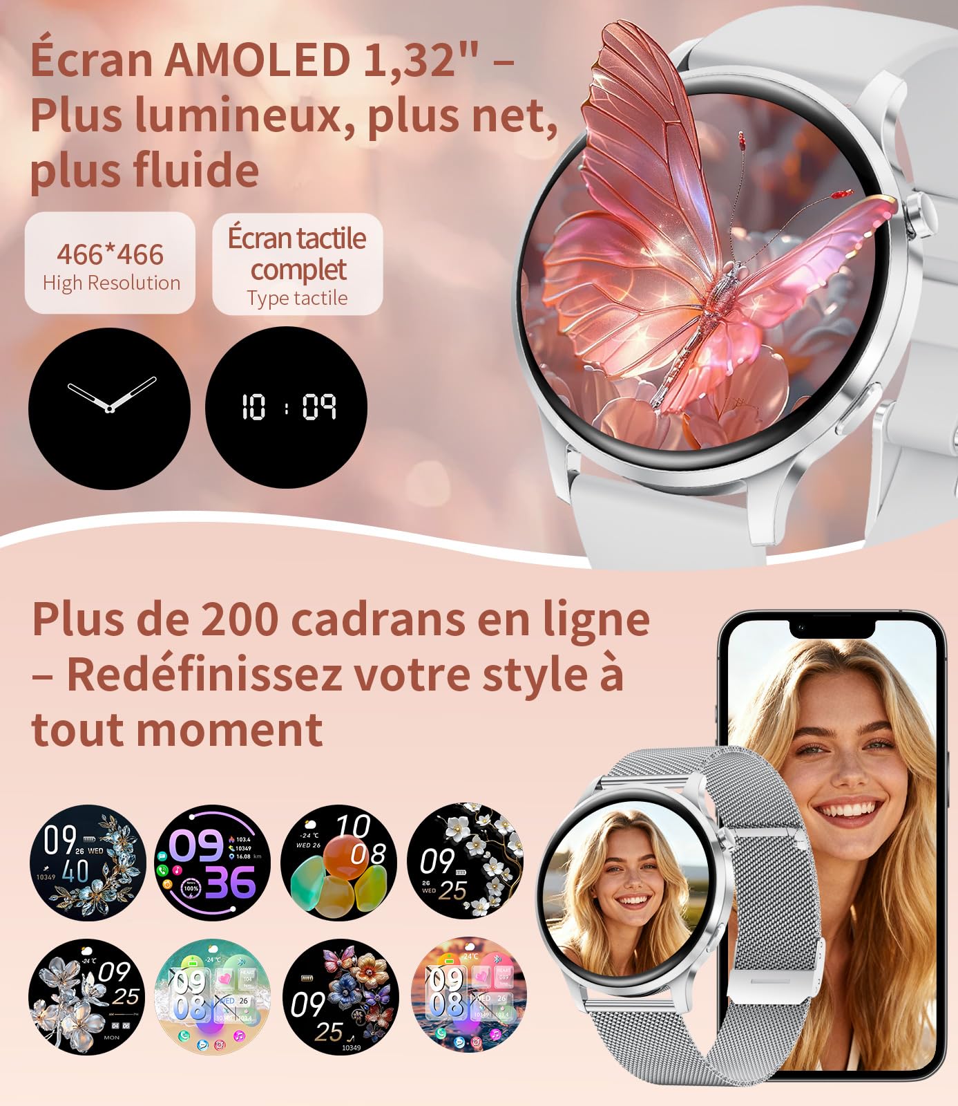 LIGE Montre Connectée Femme Ronde avec Fonction Téléphone 7,9 mm Fine 1,32" AMOLED Élégant Smartwatch pour Android iOS, Fitness Tracker avec Moniteur de Fréquence Cardiaque et de Sommeil,Argent