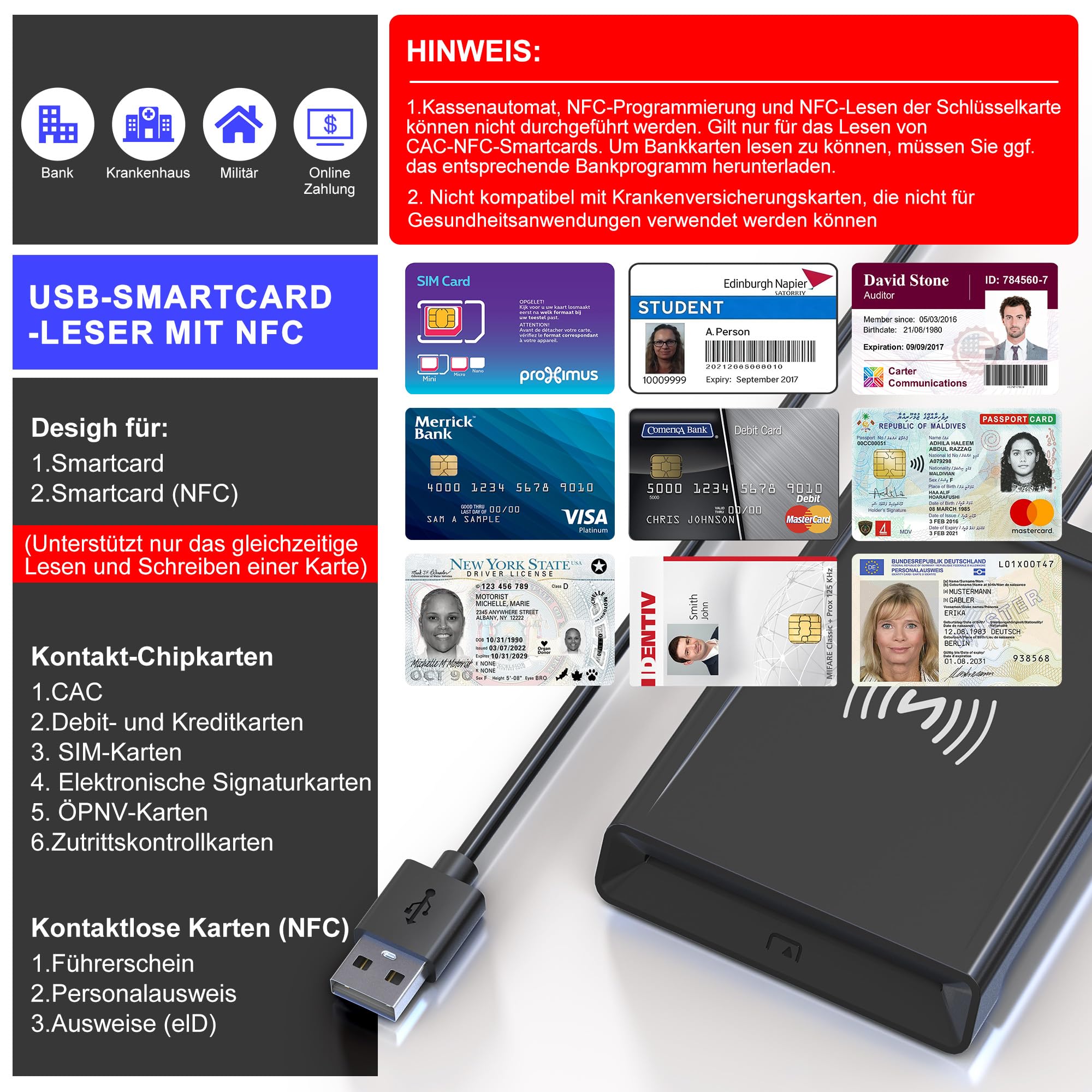 Kartenlesegerät Personalausweis NFC & Chipkartenleser 2in1, NFC Lesegerät & Chipkartenleser für den Neuen Personalausweis Bankkarten, Smartcard Reader NFC kompatibel mit Windows, Linux, Android, Mac