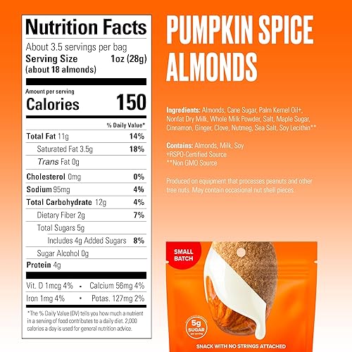 Miniatura 2 de SkinnyDipped Almendras de especias de calabaza, aperitivo saludable, proteína vegetal, sin gluten, bolsas resellables de 3.5 onzas, paquete de 5