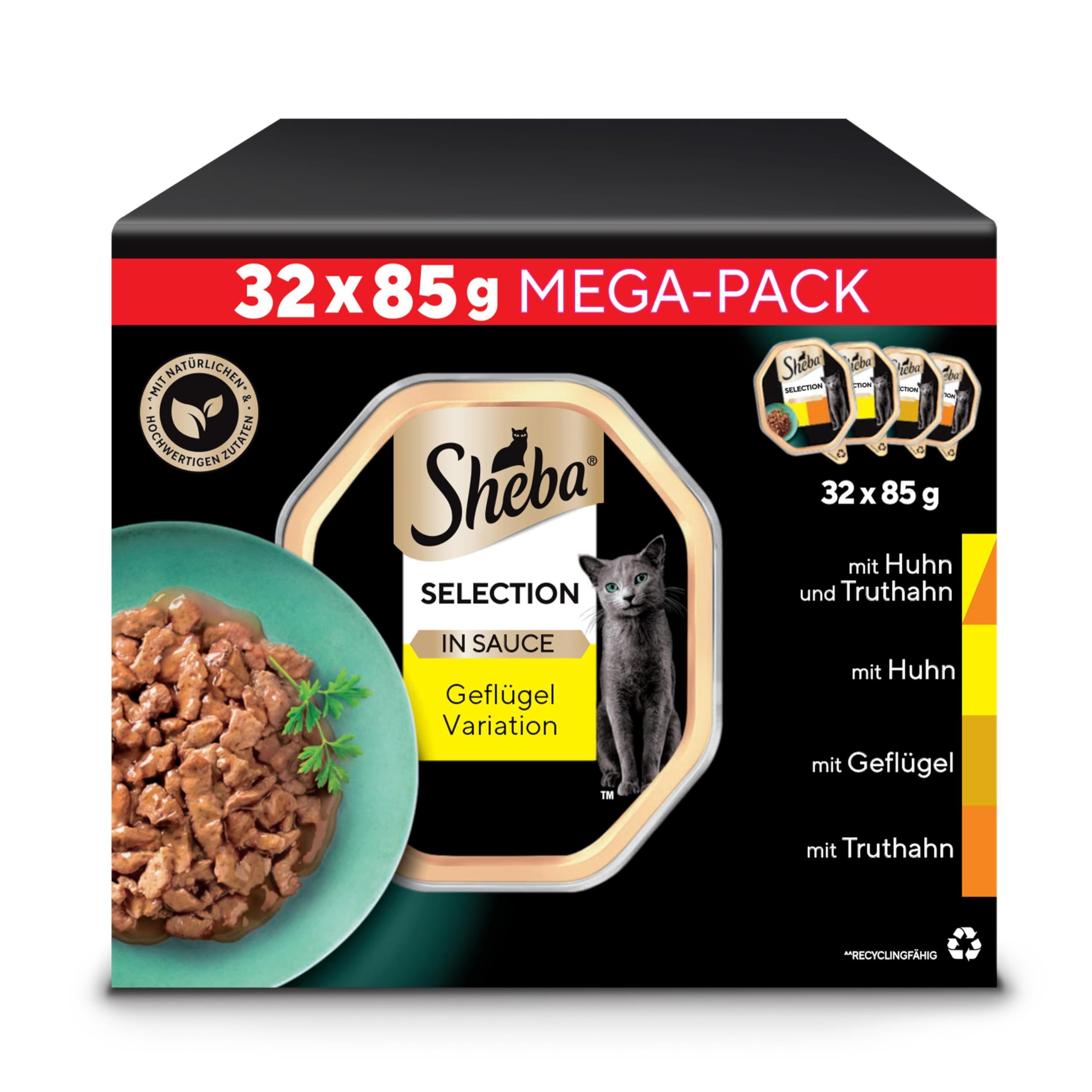 SHEBA Adult Katzenfutter nass - 32x85g Schalen - Geflügel Variation in Sauce - Nassfutter für Katzen - 1 Großpackung