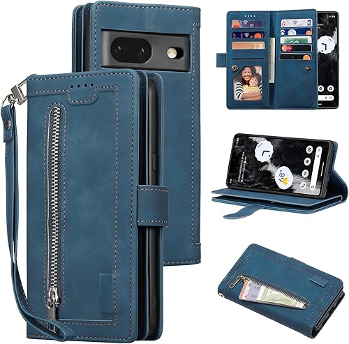 UEEBAI Funda tipo cartera para Google Pixel 7a 5G, 9 ranuras para tarjetero, bolsillo con cremallera, cierre magnético, función atril con correa