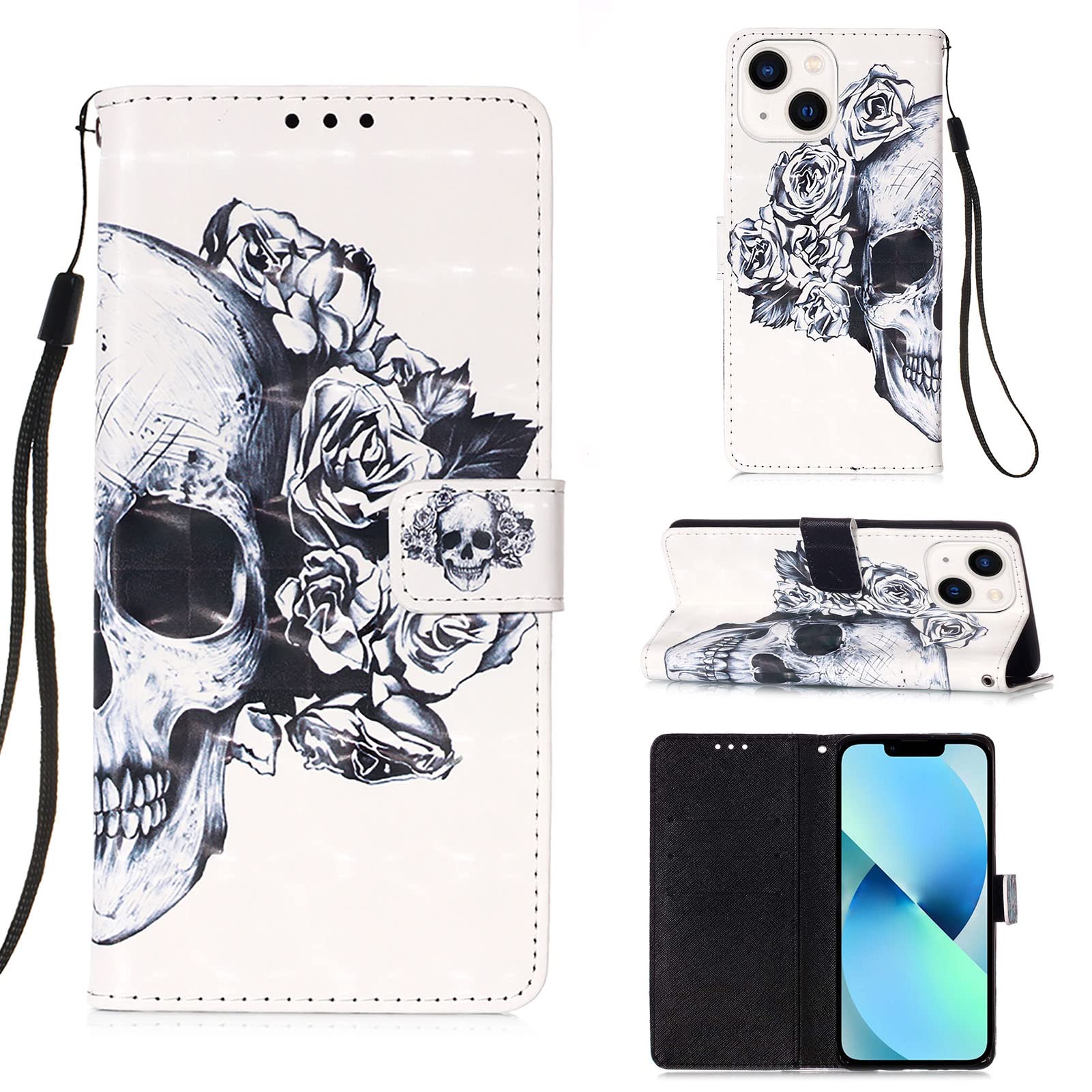 Asdsinfor Case for iPhone 15 Plus 6.7'', 3D Wallet Case PU Leather with[Card Holder][Kickstand][Wrist Strap][Magnetic Closure] Shockproof Flip Cover for iPhone 15 Plus Rose Skull YB-3D