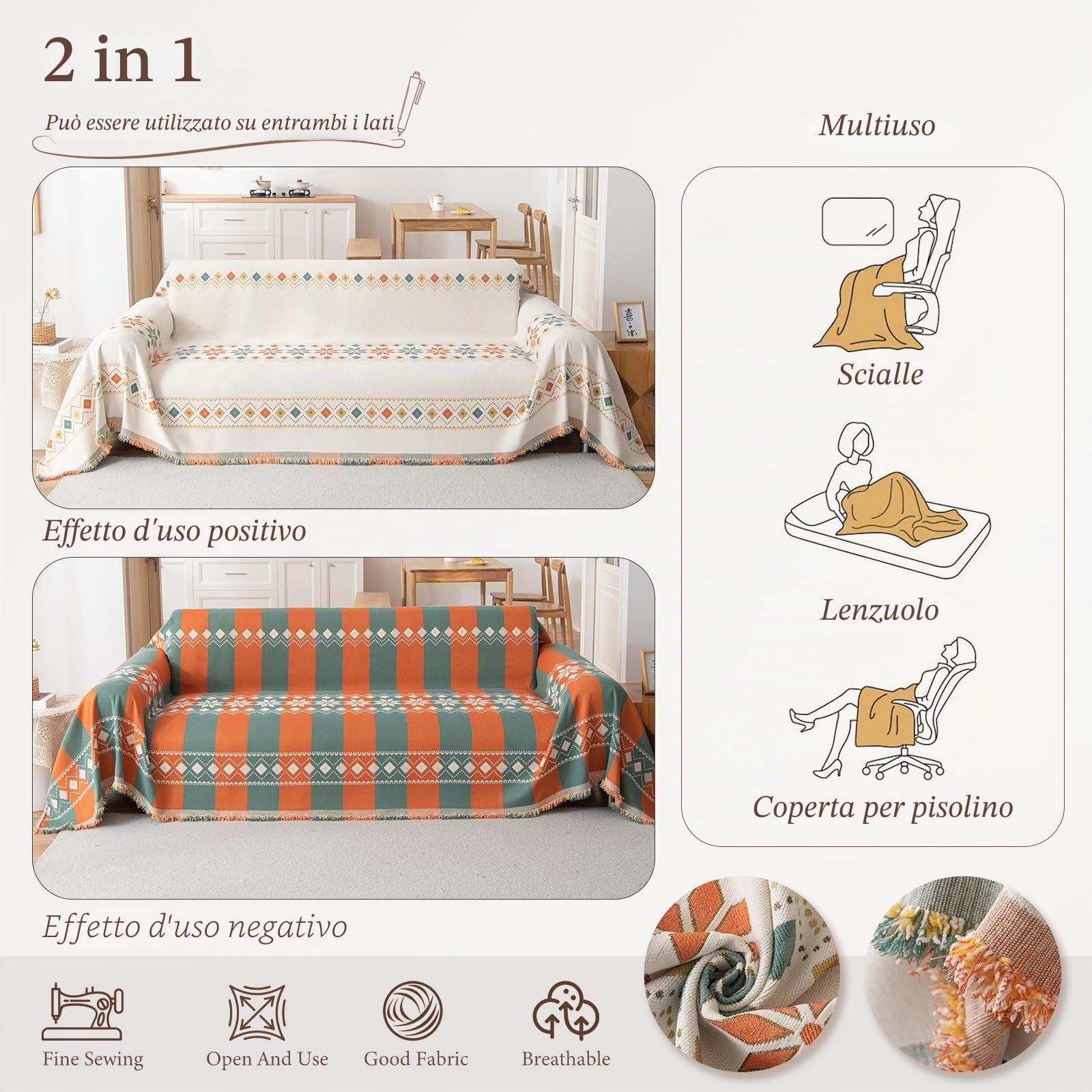 Copridivano Bohemian, Copridivano Universale Quattro Stagioni, Copritutto per Divano Arredamento per La Casa, Coperta per divano in Ciniglia con Frangia Delicata 180 * 340cm-Beige