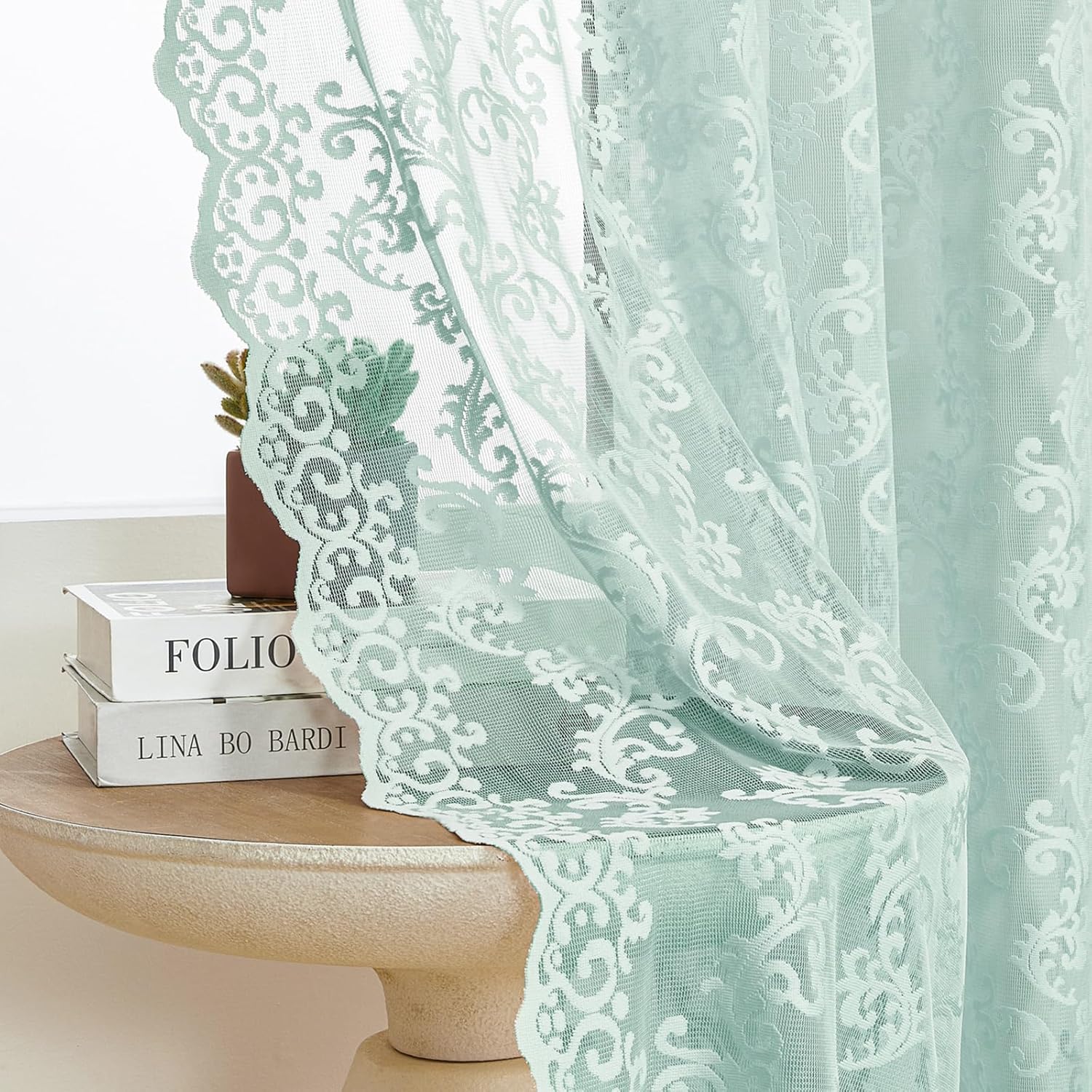 Pastel Turquoise Lace Curtains 84 Inches Long 2 Panels Modern Paisley Lace Curtains for Living Room Bedroom Rod Pocket Light Filtering French Window Drapes Western Sea Aqua Ocean Beach Decor, 52x84