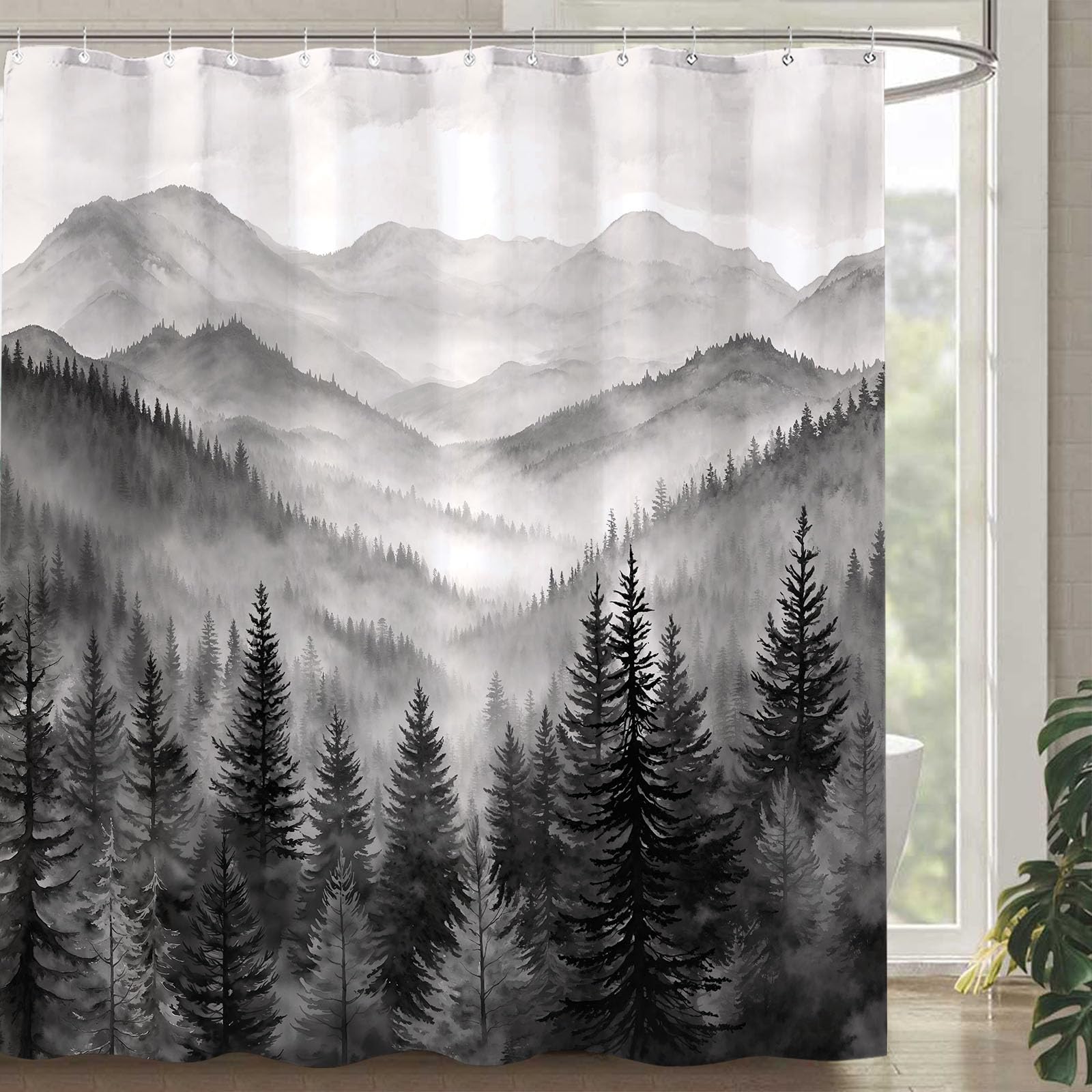 Forest Mountain Shower Curtain Black and White Nature Misty Pine Tree Shower Curtains for Bathroom Dark Grey Foggy Rustic Woodland Decorative