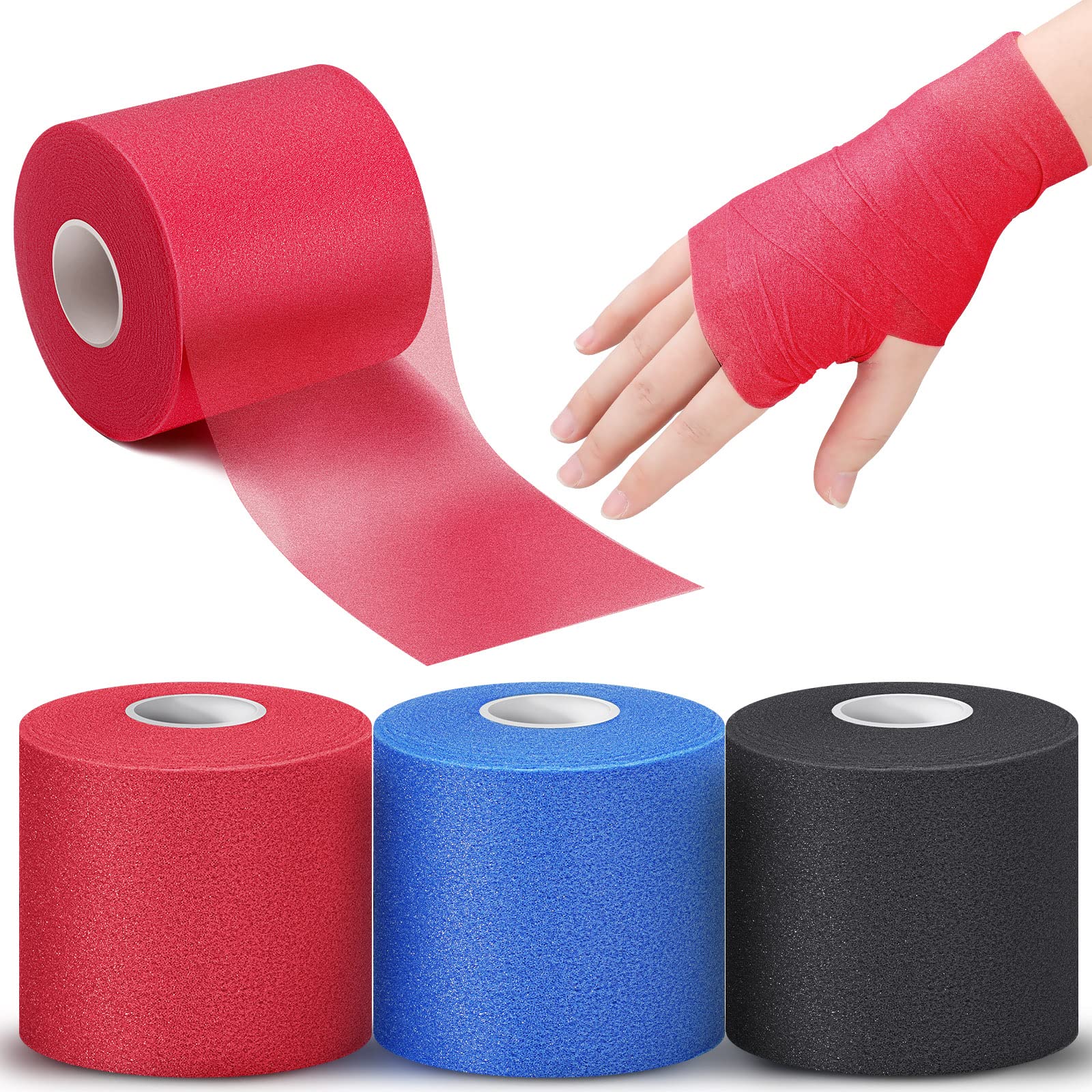 3 Rolls Pre Wrap Tape 2.75 Inch x 90 Yards Athletic Foam Underwrap Sports Pre Headbands for Hair Ankle Wrists Knees Sports(Red, Blue, Black)