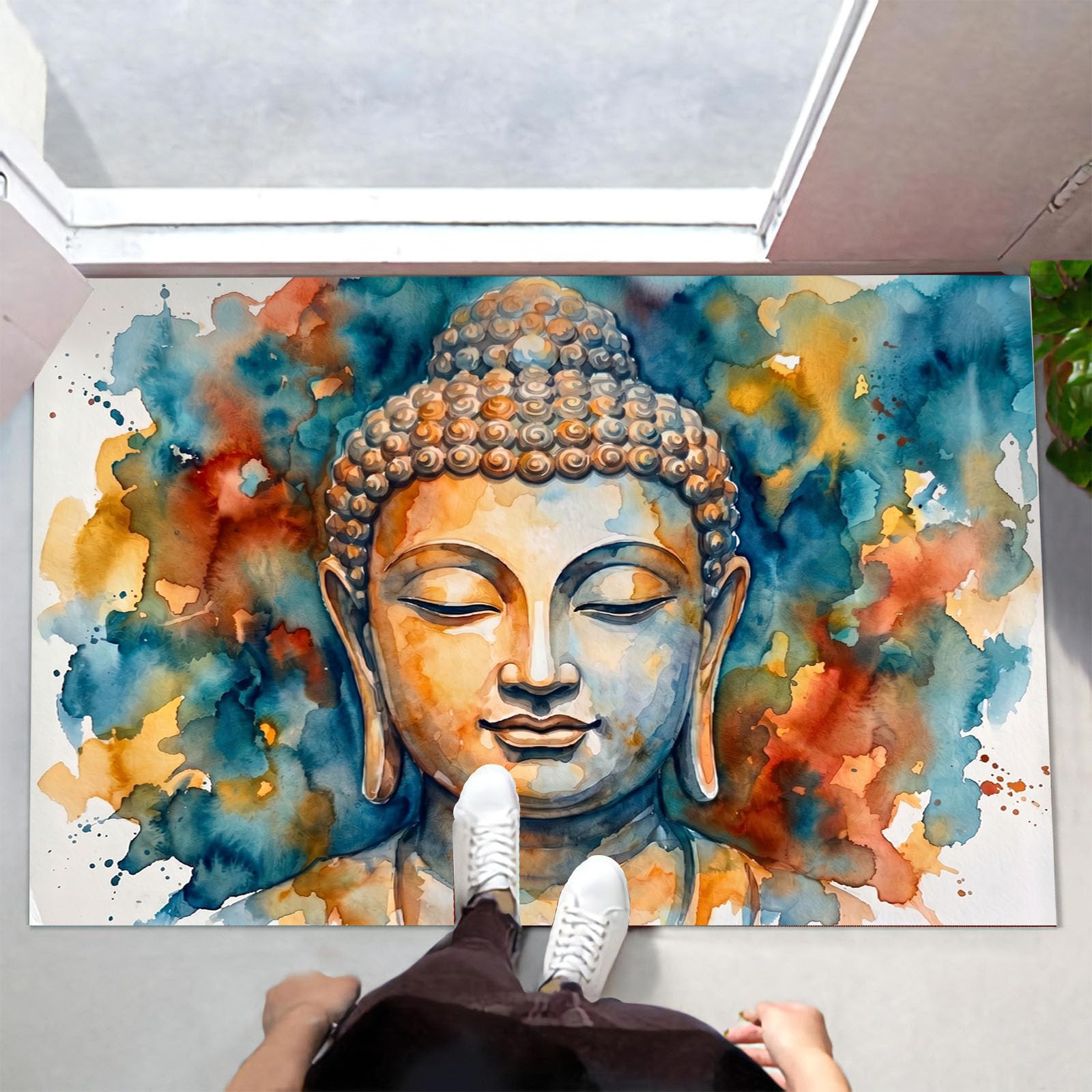 Zerbino Ingresso Interno 80X120Cm Scultura Zen Schizzi D'Inchiostro Tappeto Lavabile Antiscivolo Meditazione Tradizionale Passatoia Corridoio Sottile Zerbino Per Porta Di Casa Cucina Ufficio,Beige