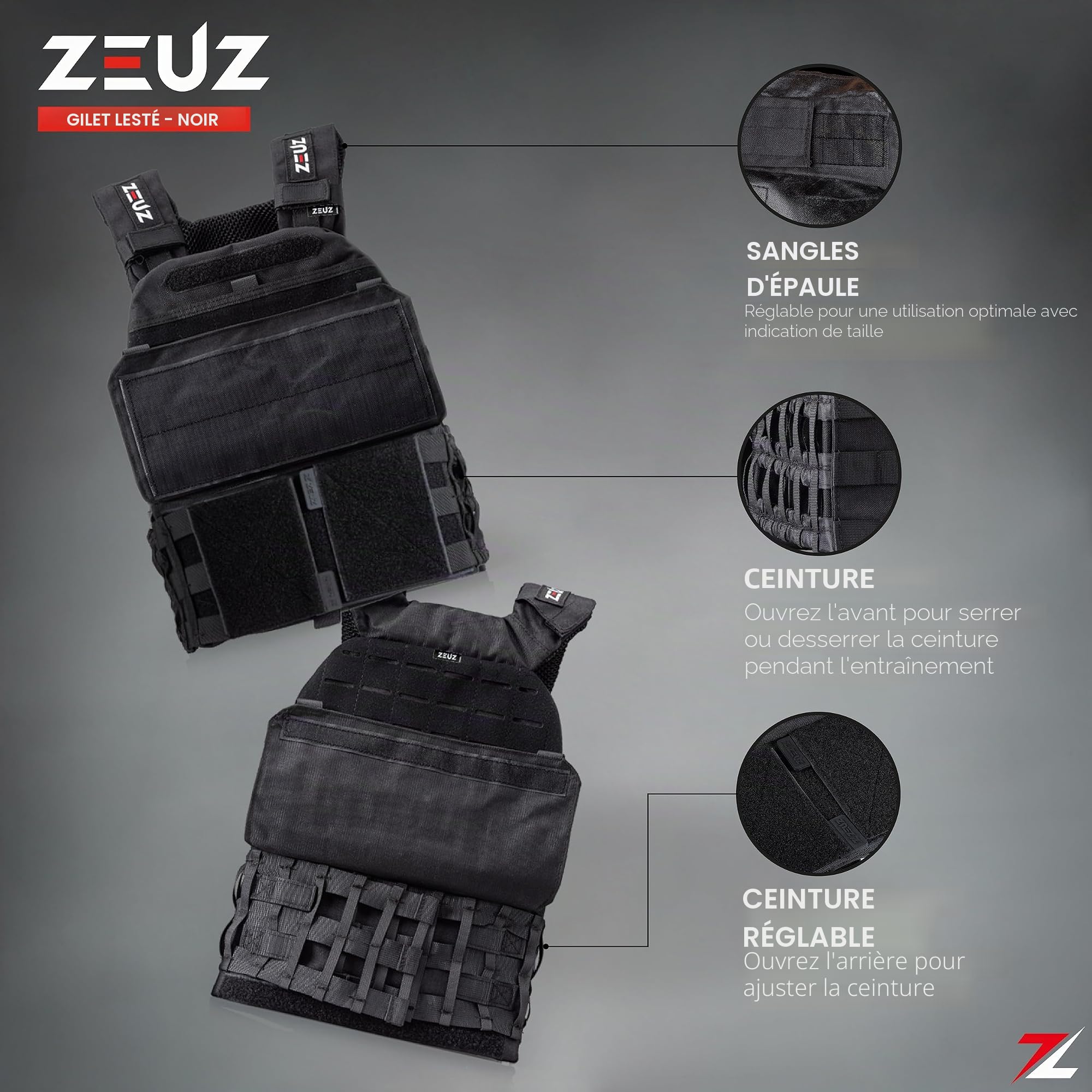 ZEUZ® Veste de musculation Crossfit & Fitness 16,5 KG – Gilet tactique & Gilet d'entraînement - Réglable en poids – 19 Stands - Noir