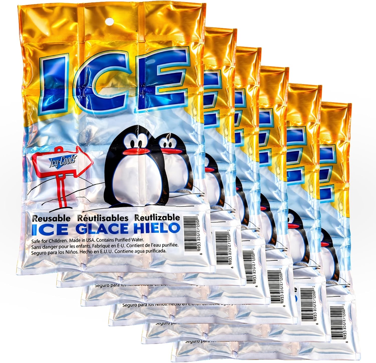ICY-COOLS Penguin Purified Water Reusable Ice Packs for Coolers - 6 Pack (8.5 x 5.75) Long Lasting Flexible Ice Mat Freezer Packs for Lunch Boxes, Camping and Travel