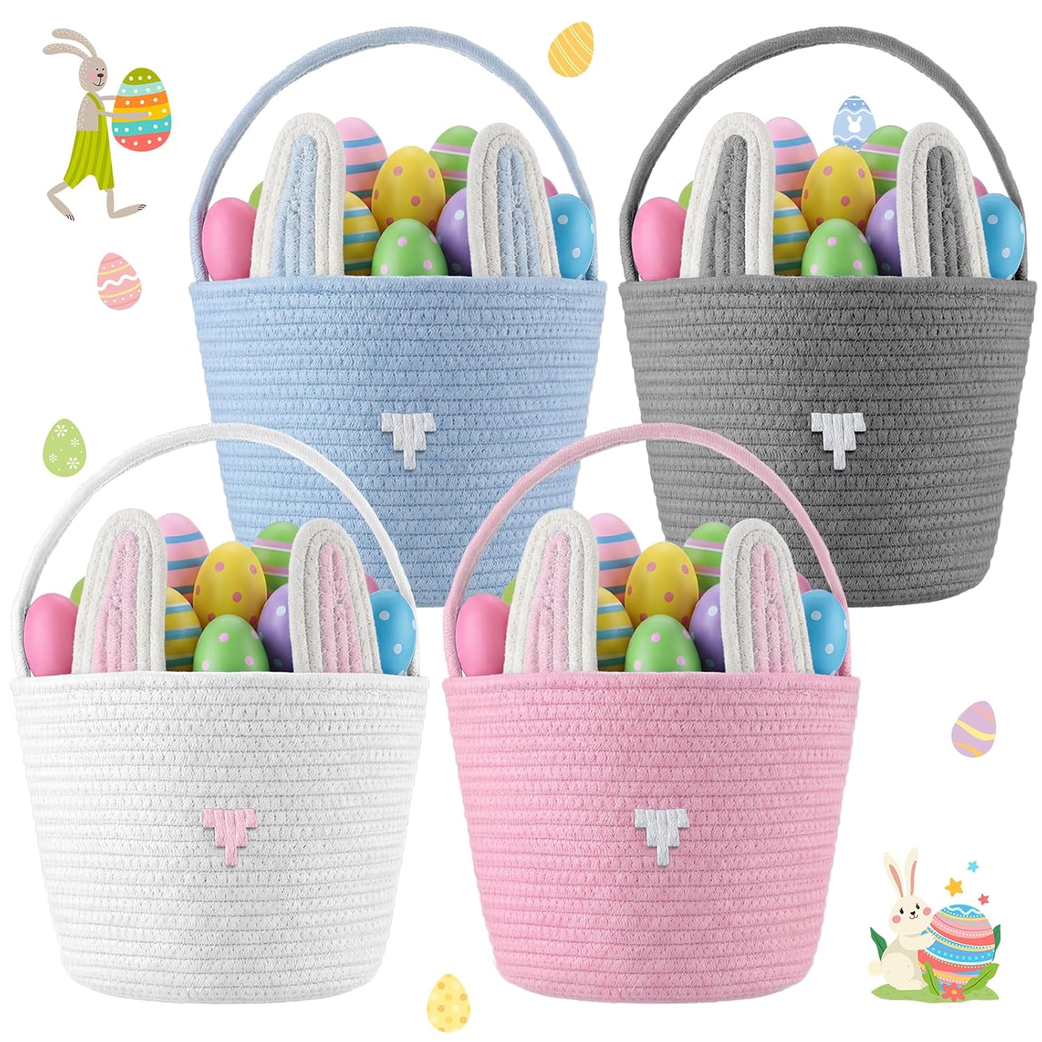 Hushee 4 Packs Easter Bunny Basket for Kids, Colorful Rabbit Woven Bag for Egg Hunts, Egg Filled Tote Bag with Handle for Boys Girls Toddler Baby Infant Easter Party Game Favors Personalized Gift