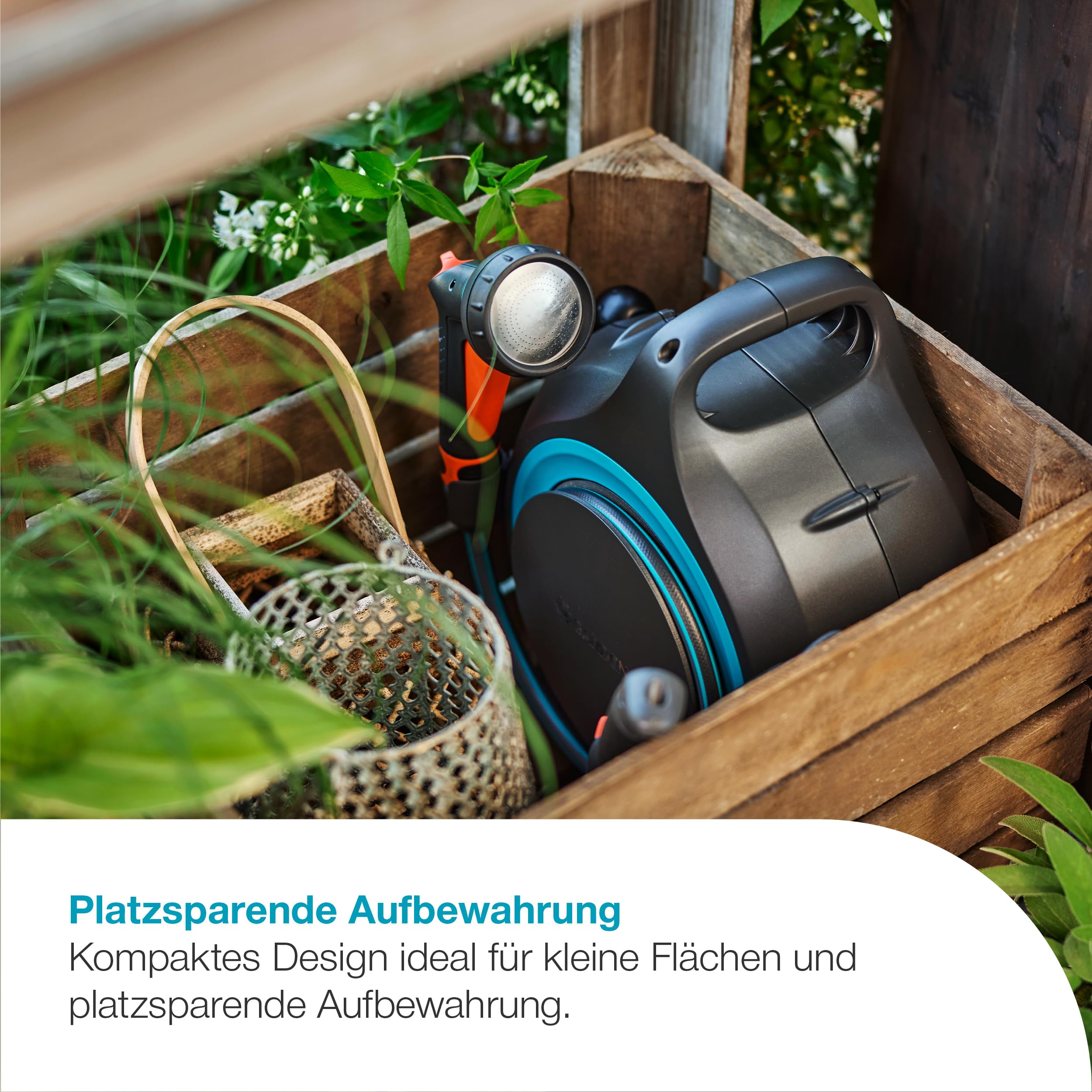 Gardena Mobile Schlauchbox MoveMatic Schlauchaufbewahrung: Ordentlich und tragbar, Einziehbarer Gartenschlauch, Platzsparende Aufbewahrung, Ideal für kleine Flächen, Sofort einsatzbereit (18690-20)