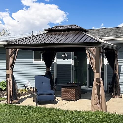 Domi - Cenador permanente de techo duro para exteriores de 10 x 12 pies, con techo de acero galvanizado, cortinas y red, para patios, patio trasero,