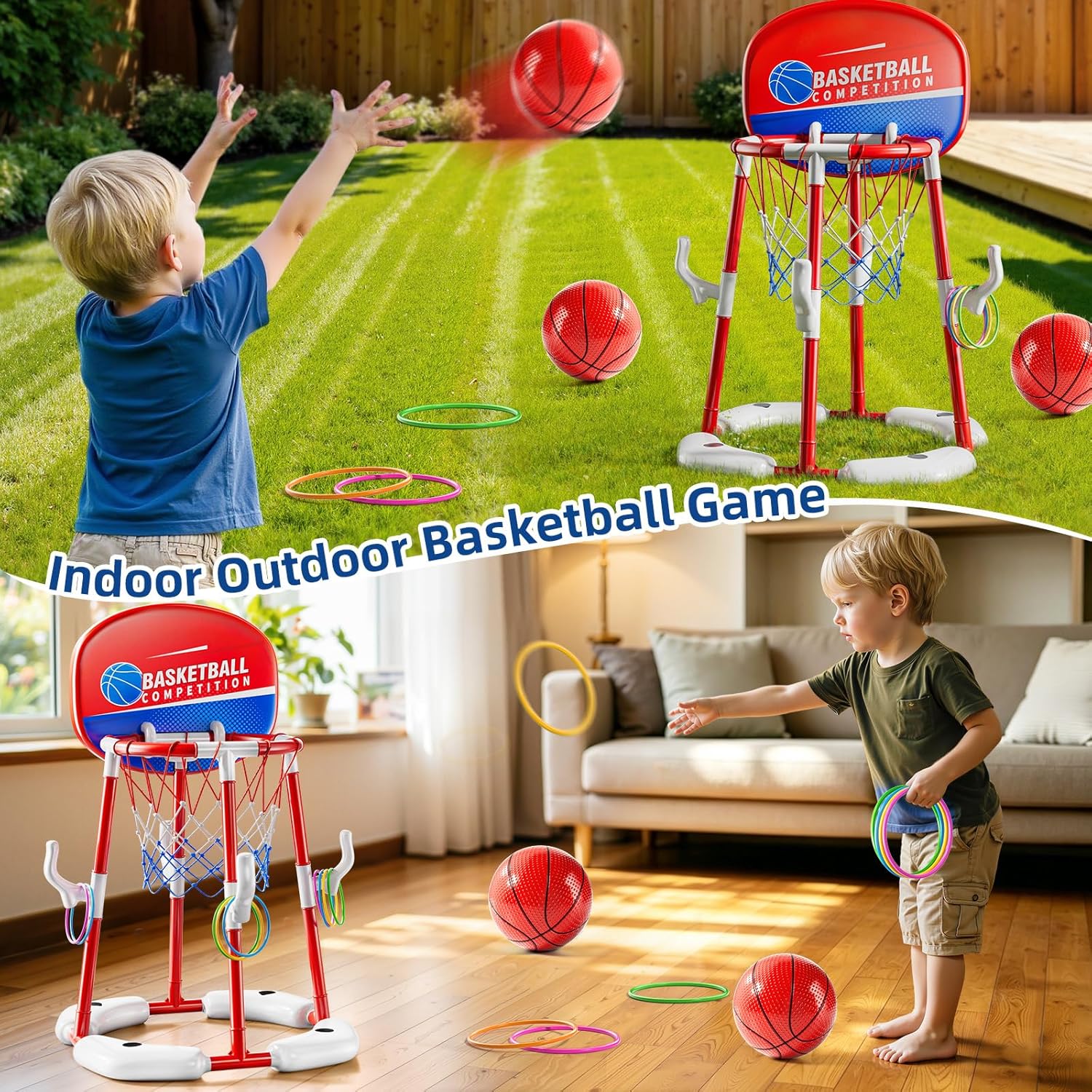 NIPLOOOW 2 in 1 Pool Basketball Hoop, Floating Pool Toys with 4 Balls & 12 Ring Toss Game for Kids Ages 4-8 8-12, Outdoor Swimming Water Basketball for Poolside Family Party for Adults Kids 3-12
