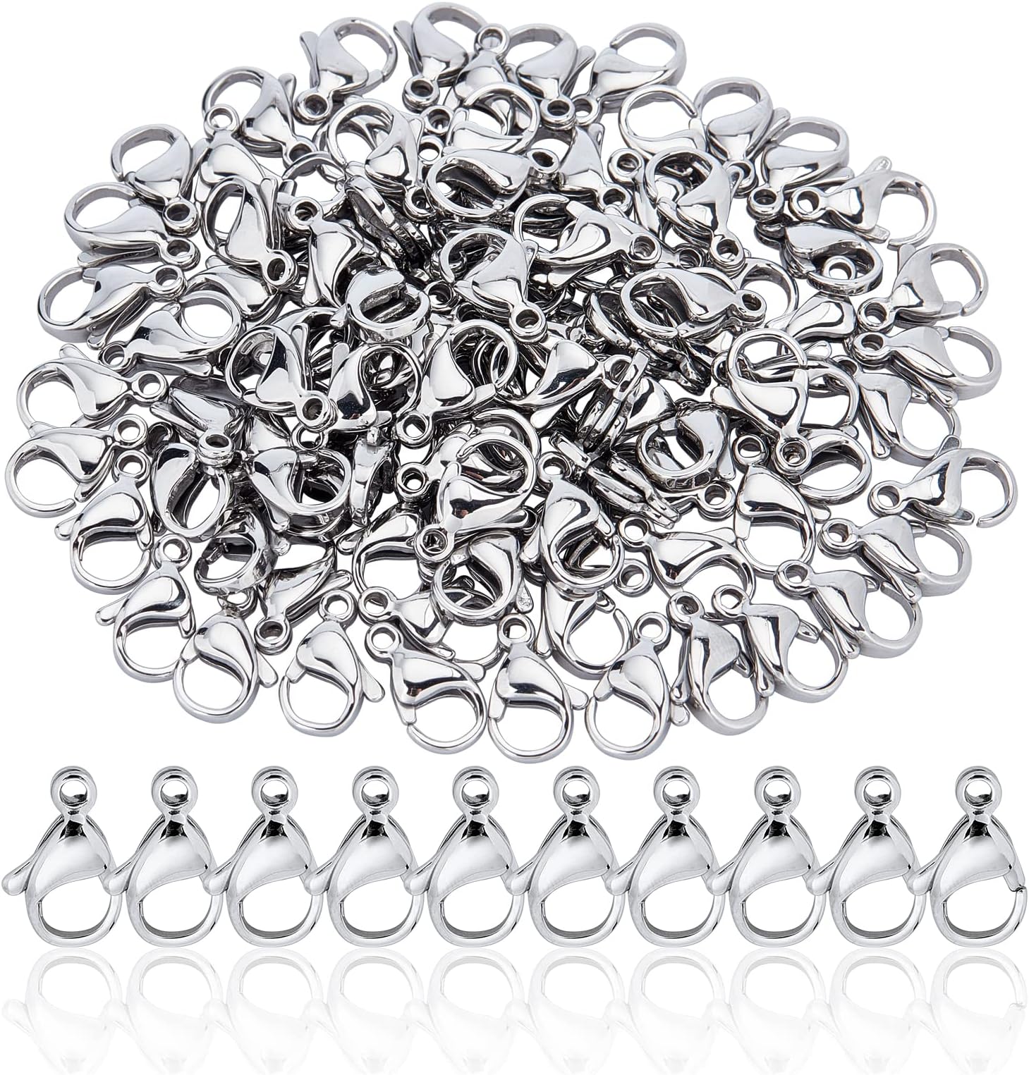 PH PandaHall 100pcs Stainless Steel Lobster Claw Clasps Necklace Clasps Jewelry Lobster Clasp Fastener Hook Clasps for DIY Necklaces Bracelet Jewelry Making 13x8 mm