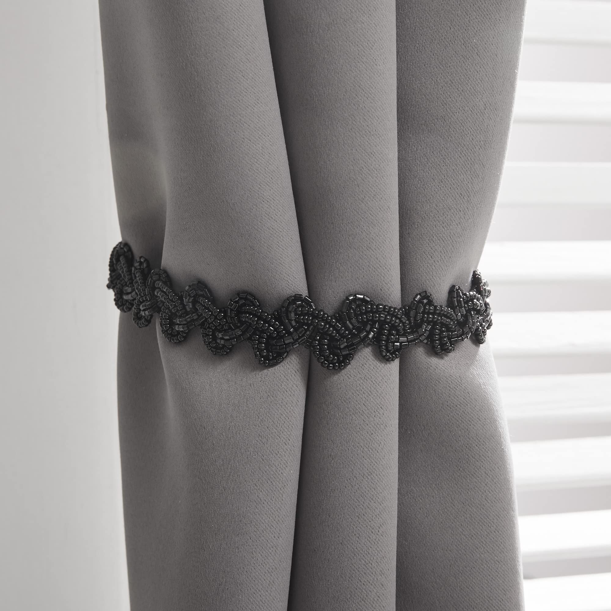 Set of 2 Sparkling Diamond Magnetic Curtain Tieback Stretchy Twisted Flower Curtain Buckle Clips Curtain Bind Natural Stone Drapery Holder - Black