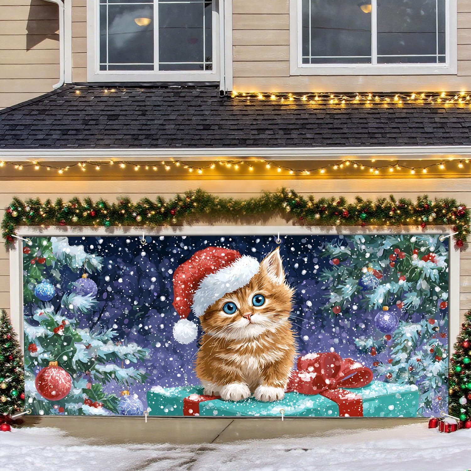 Christmas Cat with Santa Hat Garage Door Banner – Festive Snow Scene with Gift Box and Tree Garage Door Flag 13x6 Feet