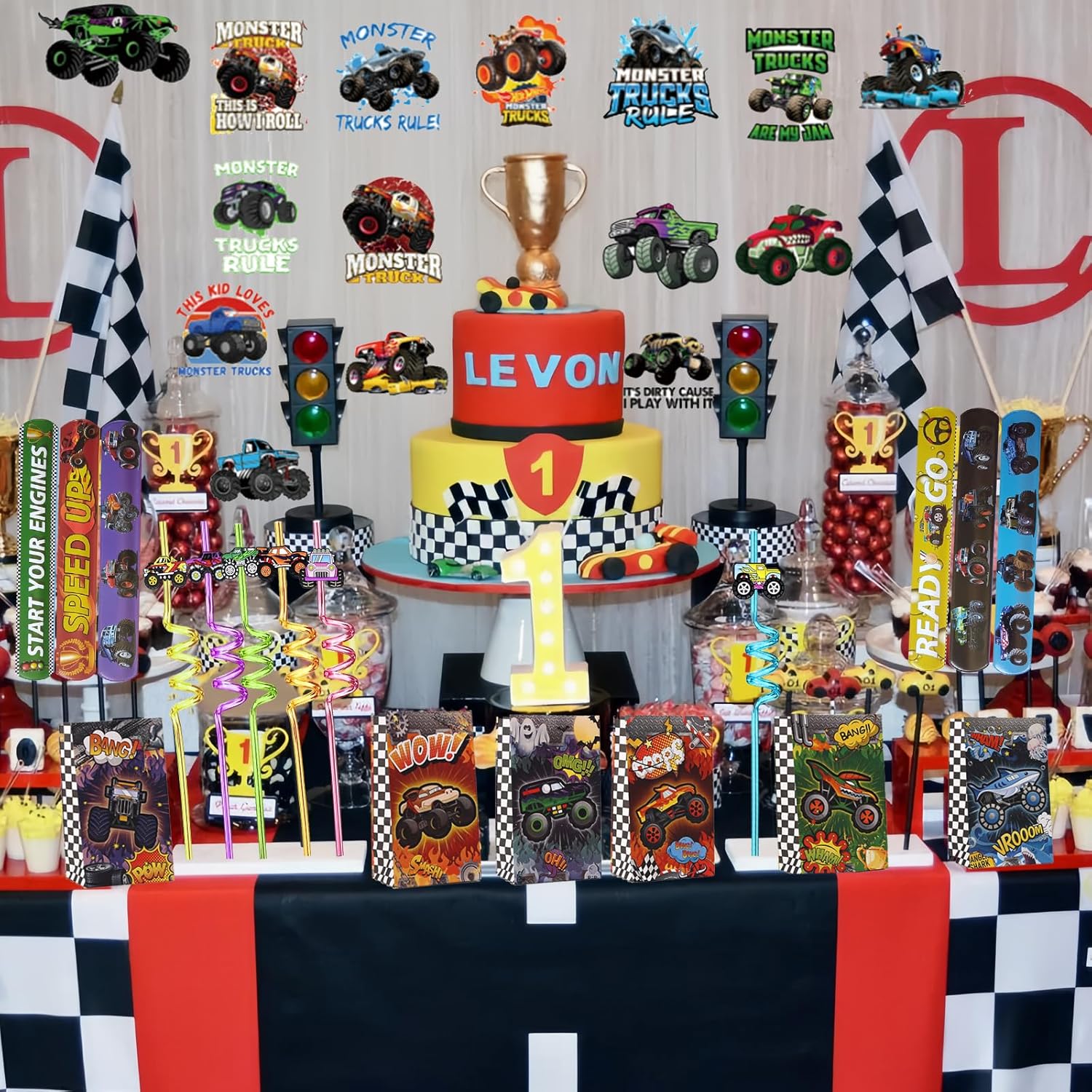 110PCS Monster Truck Party Favors Set,Monster Jam Birthday Decorations Including Truck Theme Slap Bracelets Keychains Gift Bags DIY Stickers Drinking Straws People Monster Truck Birthday Supplies - Image 6