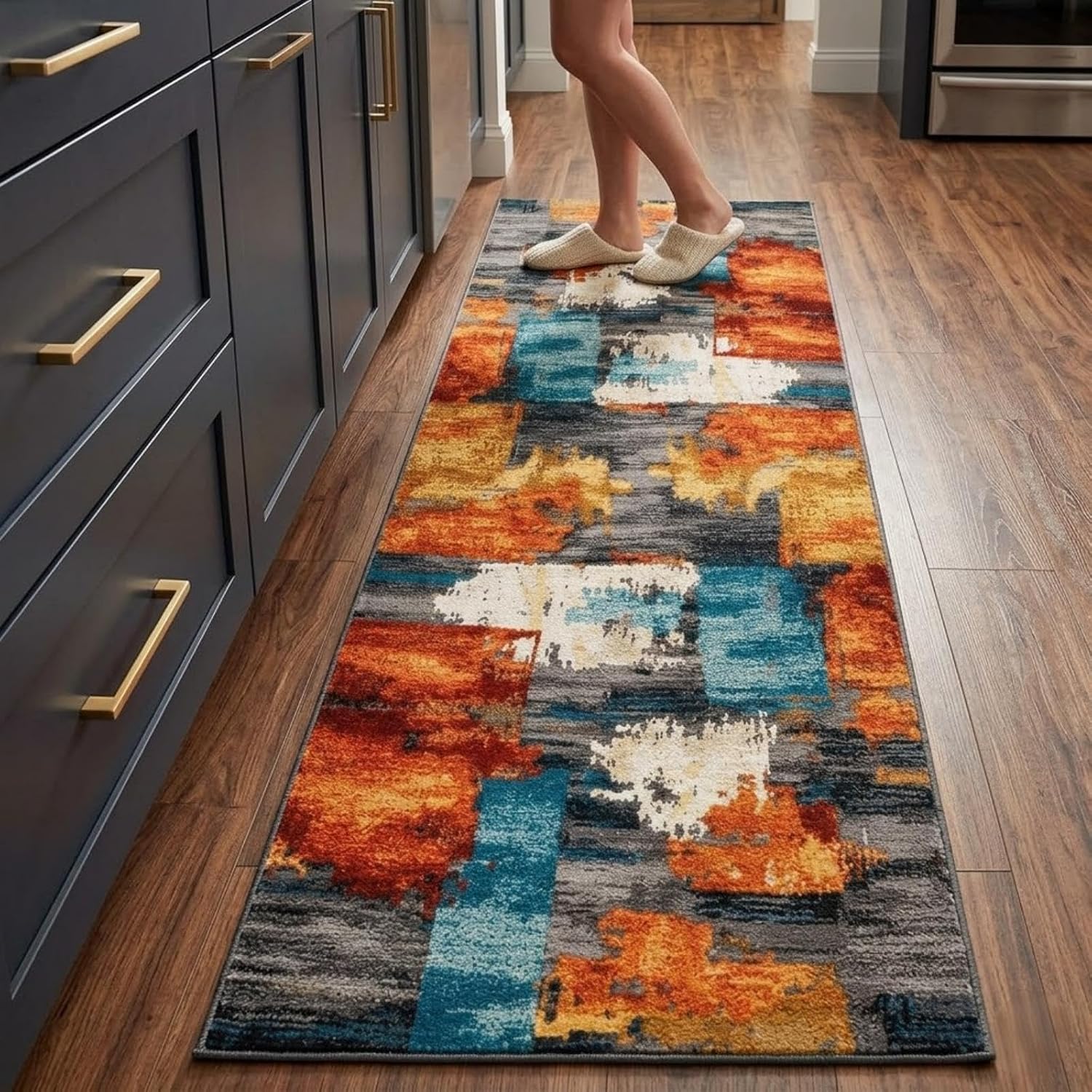 8x10 Area Rug for Living Room,Modern Abstract Burnt Orange Rug,Terracotta and Teal Brushstroke,Washable Rug,Non Slip, Bedroom, Dining Room, Home Office