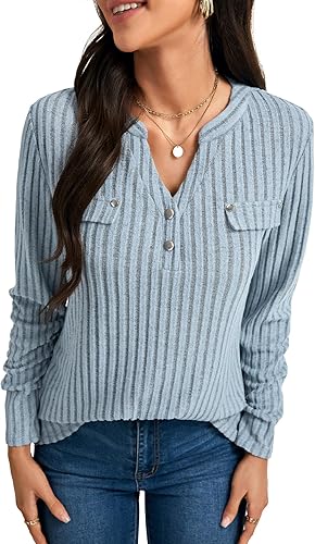 OPOIPIN Women's Long Sleeve Shirts Button V Neck Casual Pullover Sweaters Tunic 