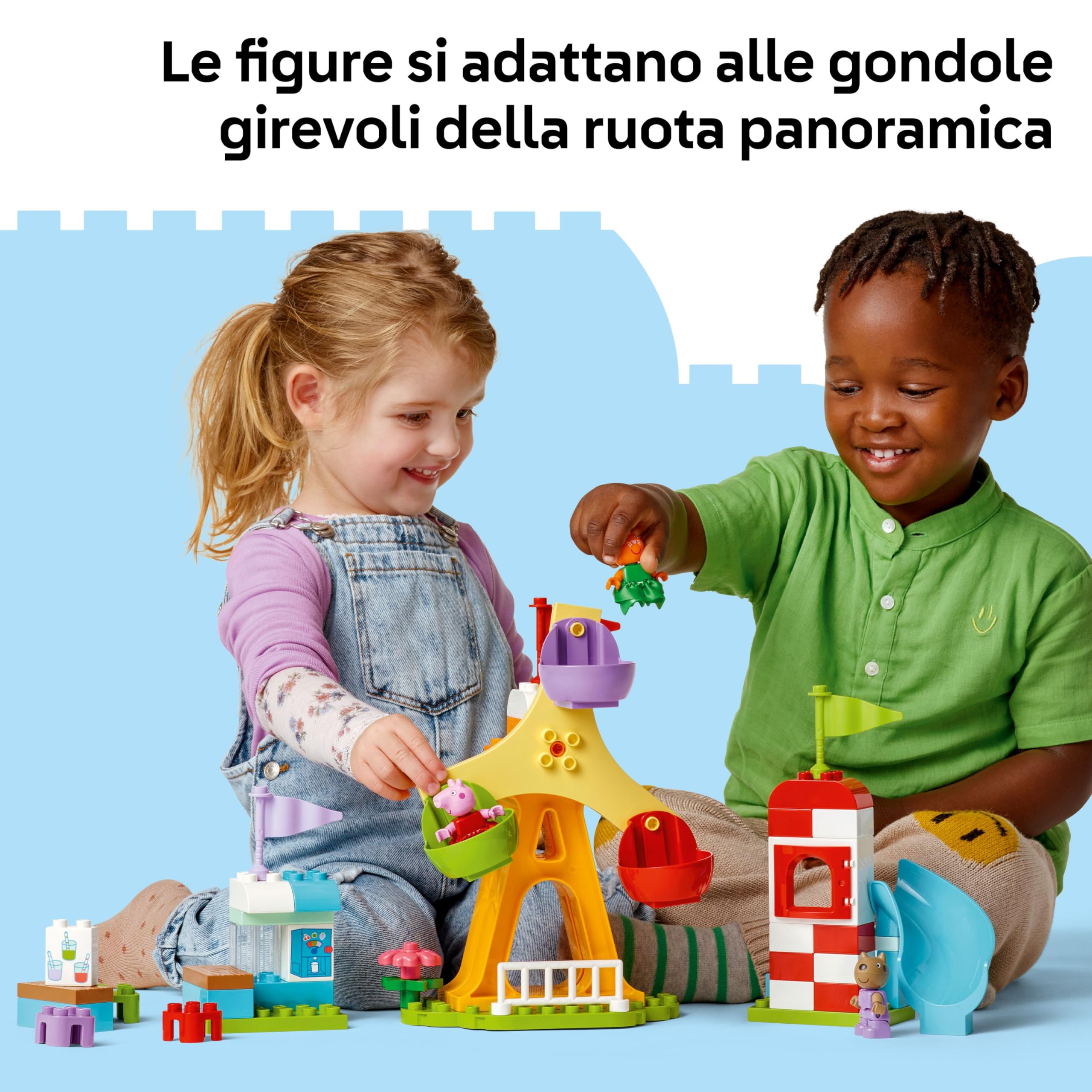 LEGO DUPLO Peppa Pig Luna Park - Gioco per la Motricità Fine per Bambini da 2 Anni - Ruota Panoramica, Scivolo, Bar e 3 Figure tra cui Candy Gatto e Danny Cane - Attività per Sviluppo Precoce - 10453