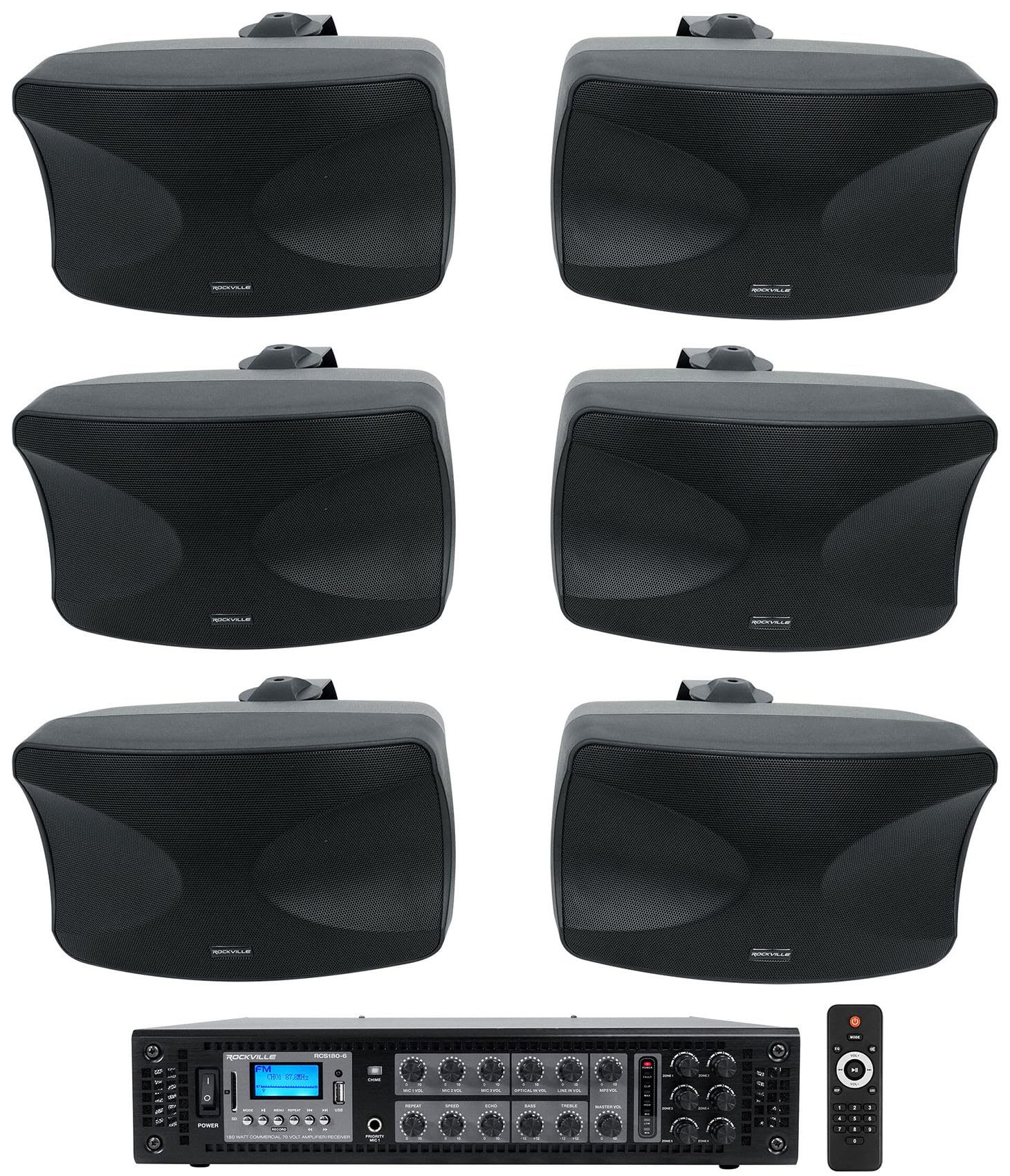 Rockville Bundle: (1) RCS180-6 180 Watt 6 Zone 70v Commercial/Restaurant Amplifier/Bluetooth + (3) Pair WET-44 PRO Dual 4