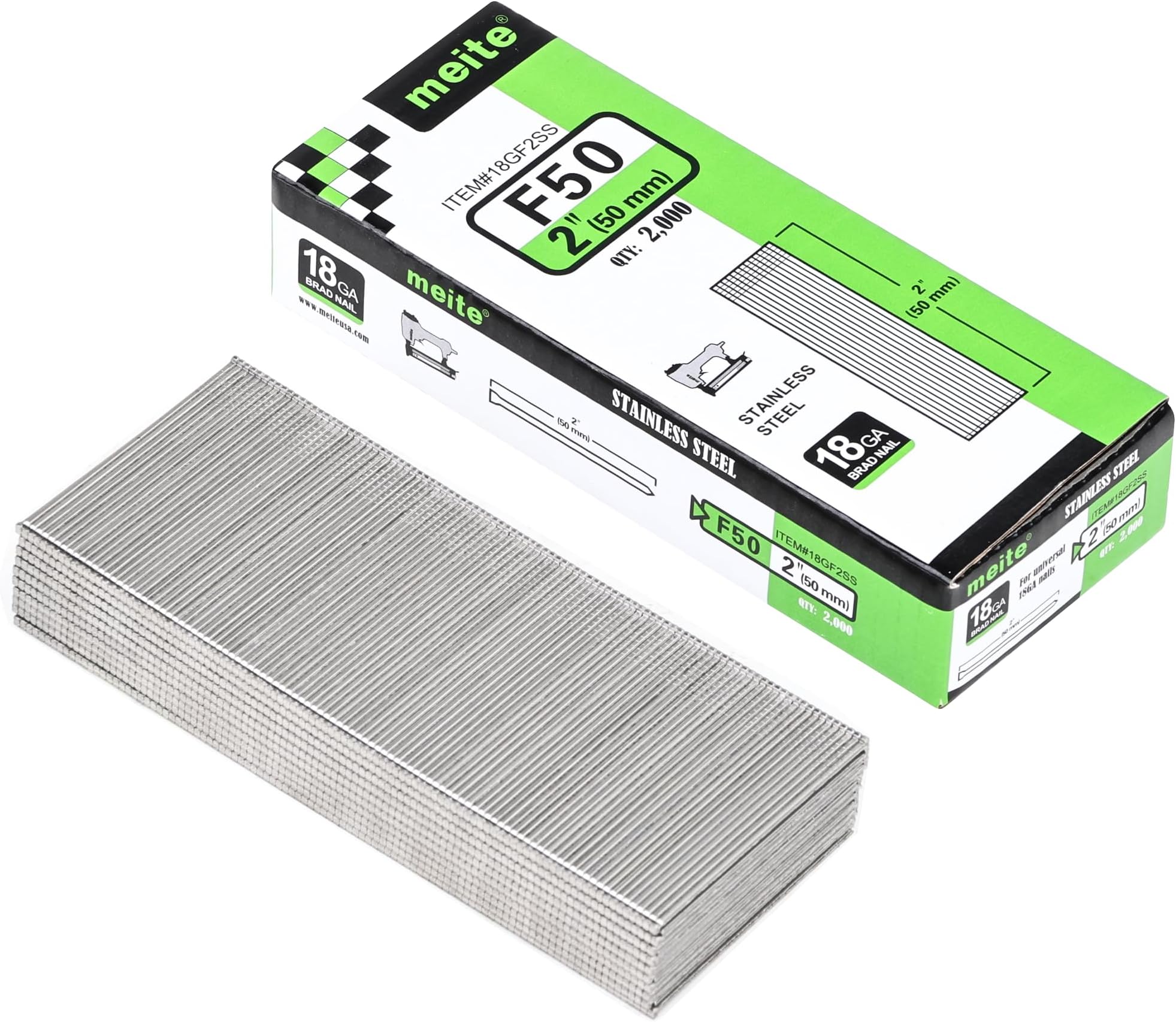meite 18 Gauge Stainless Steel Brad Nails, Type 18G / 50 mm 18GA Brad Nails, 304 Stainless Steel Small Finishing Nail Gun Nails for Pneumatic, Electric Brad Nailer Gun (2,000 Counts)