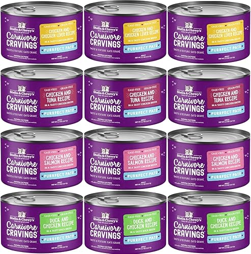 Stella & Chewy's Carnivore Cravings Purrfect - Latas de paté sin granos, ricos en proteínas, paquete variado de alimentos húmedos para gatos (pollo,