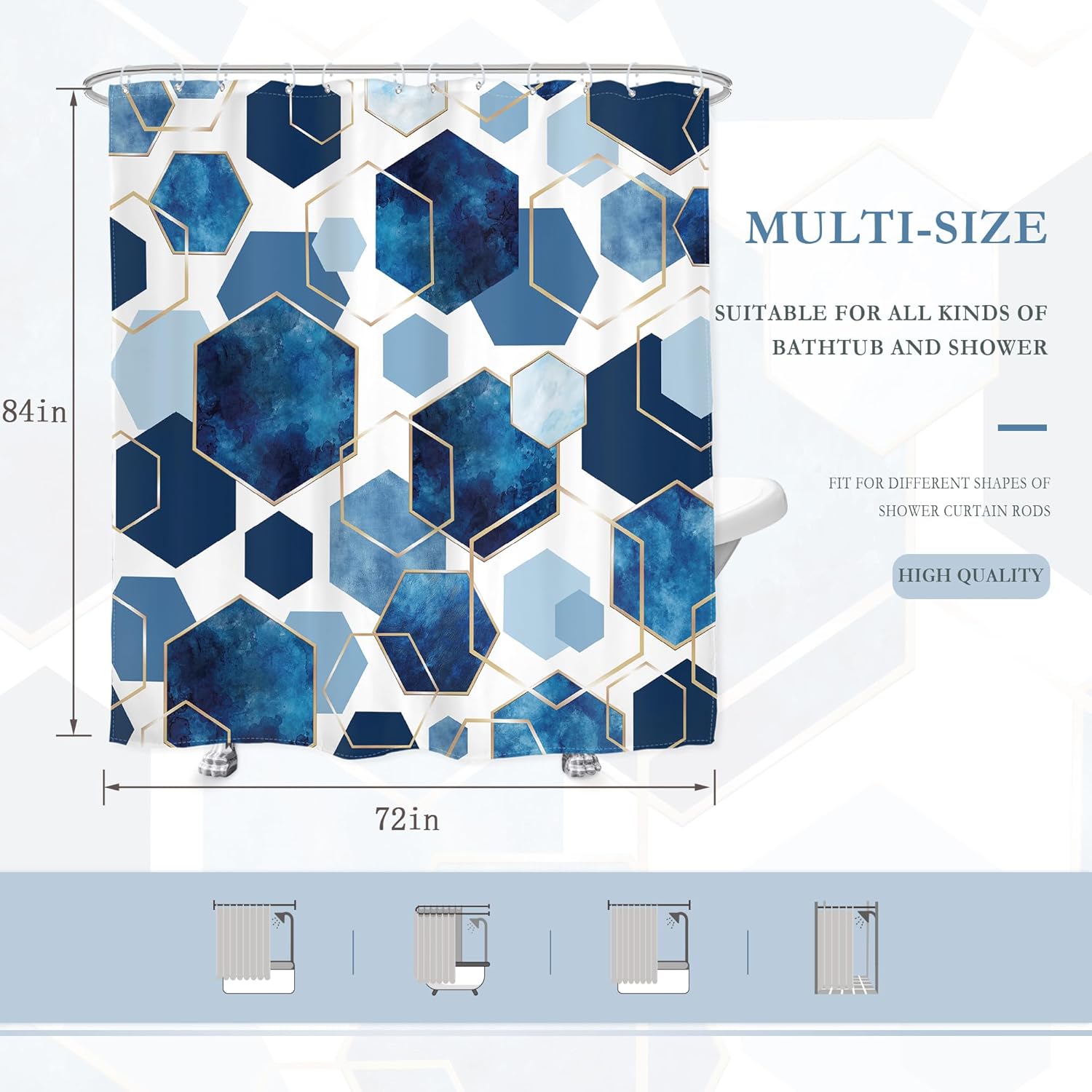 Glawry Extra Long Blue Grid Shower Curtain Geometric Abstract Watercolor Ombre Cubic Simple Minimalist Gold Bathroom Aesthetic 72Wx84L Inches Bath Accessories Art Home Decor Fabric 12 Pack Hook