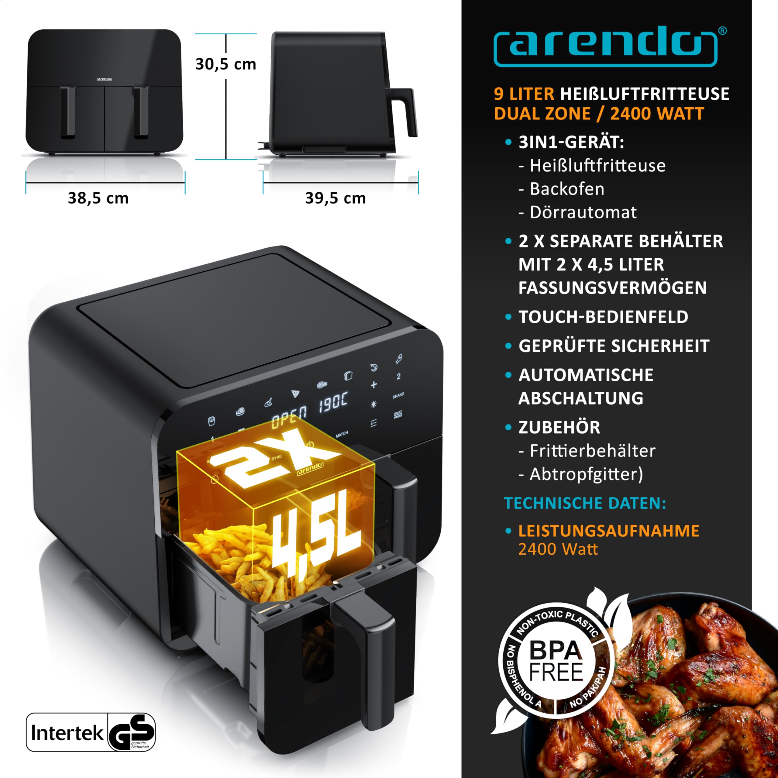 Arendo - Dual Zone Heißluftfritteuse 9L - mit 2 Kamern - XXL Kapazität 2 Fächer – Sichtfenster Beleuchtung - Airfryer - Touchscreen - 3D Umluftsystem - Antihaftbeschichtung - spülmaschinenfeste Körbe