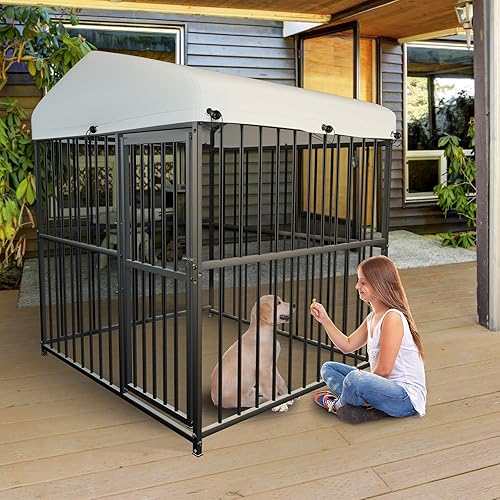 Miniatura 2 de LUCKYERMORE Perrera grande de hierro forjado para exteriores, antioxidante, desmontable, fácil montaje, corrales para perros con cubierta