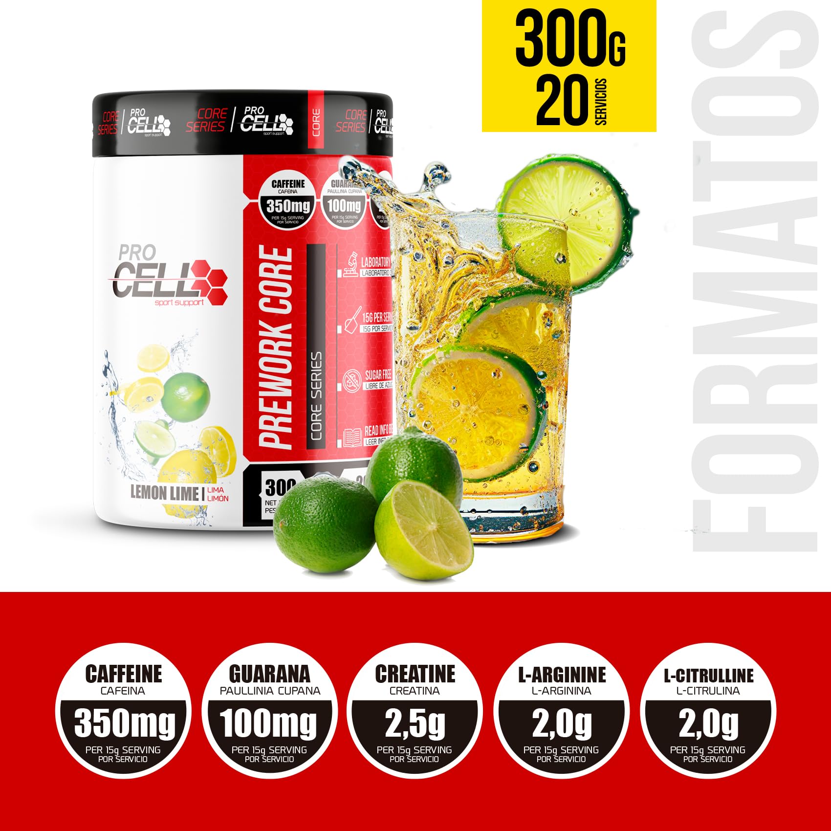 PreWorkCore | Pack x2 uds,. Pre Entreno con Creatina, Aminoácidos y Cafeína (600 gr) - Sabor Lima Limón, Sin Azúcar - Con Vitamina B6, C, Taurina, Guaraná - Pre Workout Gimnasio - Aumenta Fuerza