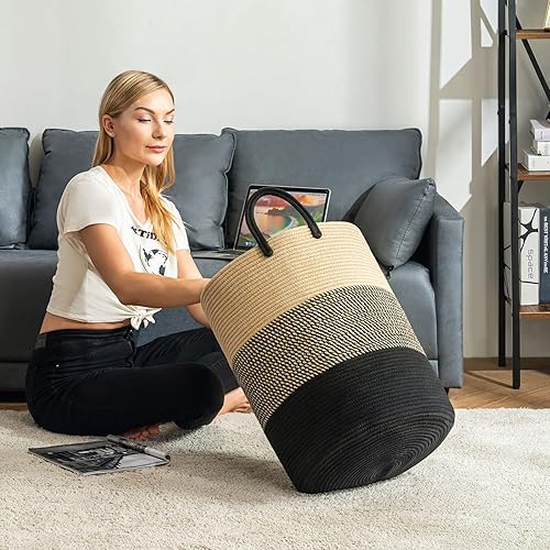 Miniatura 5 de Cesta de lavandería de cuerda tejida, cesta de Luandry de 72 L de alto, cesta de guardería para almacenamiento de mantas, cesta de ropa para