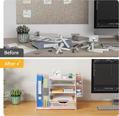 Miniatura 5 de VIVSOL Organizador de escritorio rosa y almacenamiento de accesorios con bandeja de papel de 5 niveles, organizador de escritorio de malla y