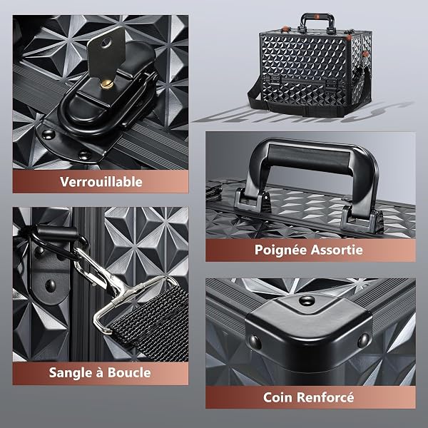 Joligrace Mallette de Maquillage Professionnelle Valise Maquillage Coffre de Rangement, Diviseurs DIY, Bretelle & Clé, Noir Élégant - 4