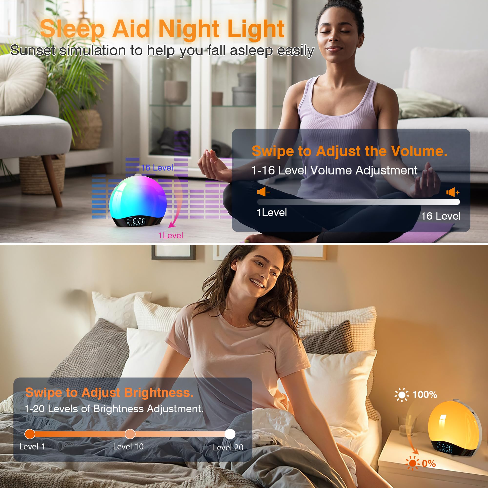 Réveil Simulateur d'Aube avec Enceinte Bluetooth, Lampe de Chevet LED Multicolore, Radio, 22 Sons Nature, 2 Alarmes, 20 Niveaux de Luminosité, Snooze, Minuterie - Adaptateur Inclus (Jaune)