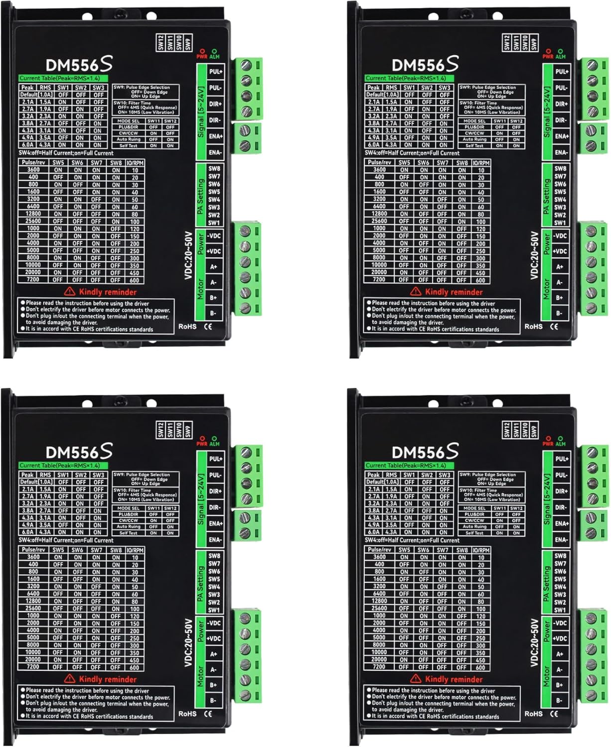 RATTMMOTOR 4PCS DM556S Stepper Motor Driver MAX 6A CNC Digital Stepper Motor Controller 200-51200 Micro-Step Resolution, 20-50VDC, Drive 4,6,8-Wire 2-Phase Stepper Motor for CNC Router Machine
