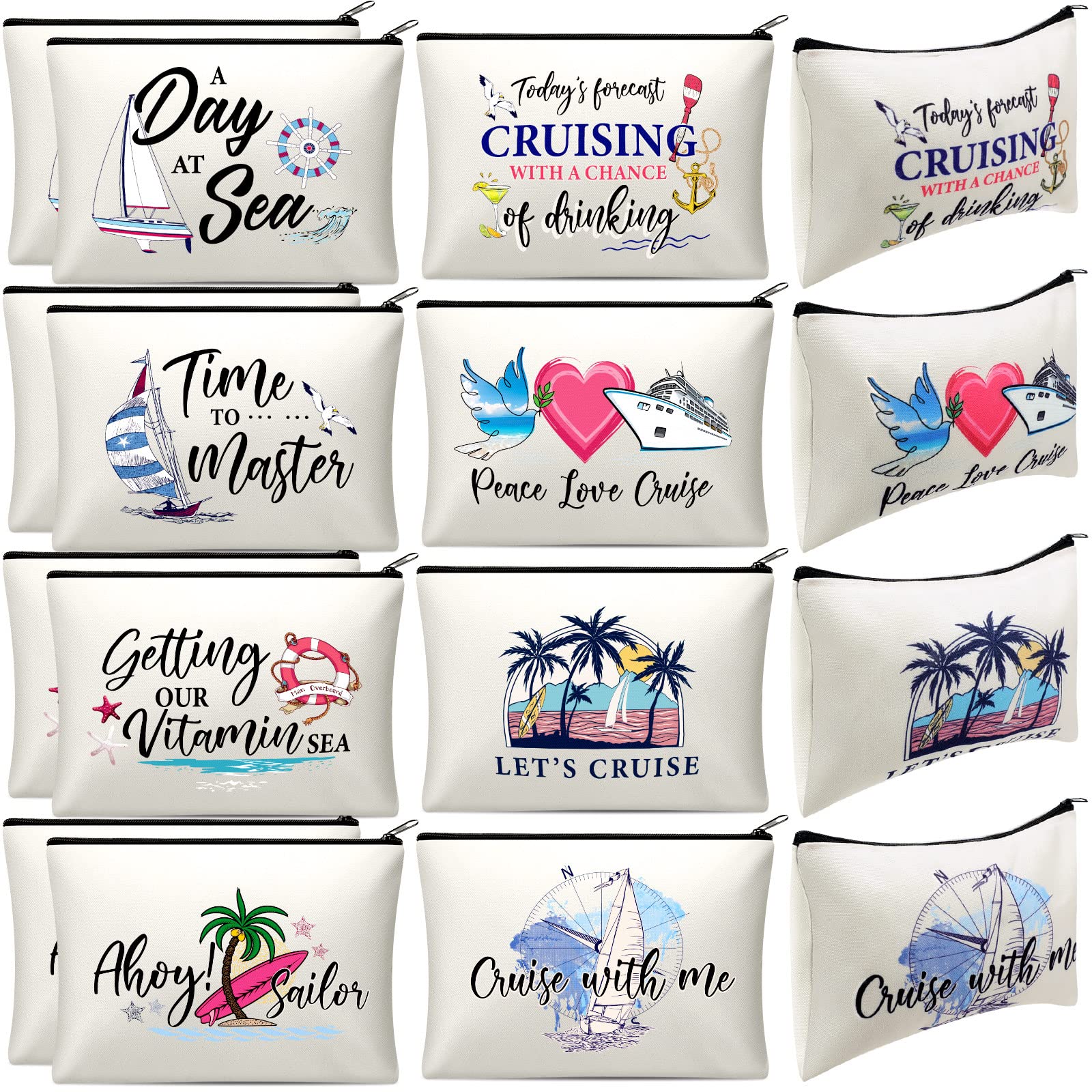 Silkfly16 Pieces Cruise Survival Kit Novelty Cruise Cosmetic Bags Gift Travel Canvas Makeup Bag Zipper Organizer Pouch for Ocean Ship Lover Women Mom Vacation Friend Exchange Ideas(Canvas Base)