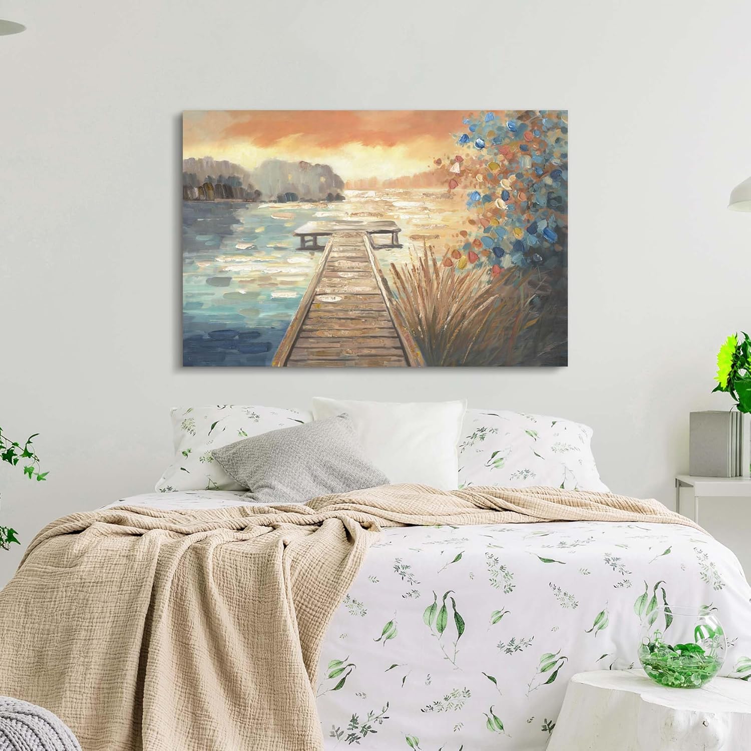 cozy country Lake Dock Sunset Canvas Wall Art with Wildflowers - Serene Lake-House Decor Pictures for Living Room & Bedroom - Lake-Pier Landscape Painting Nature Artwork 45"x30"