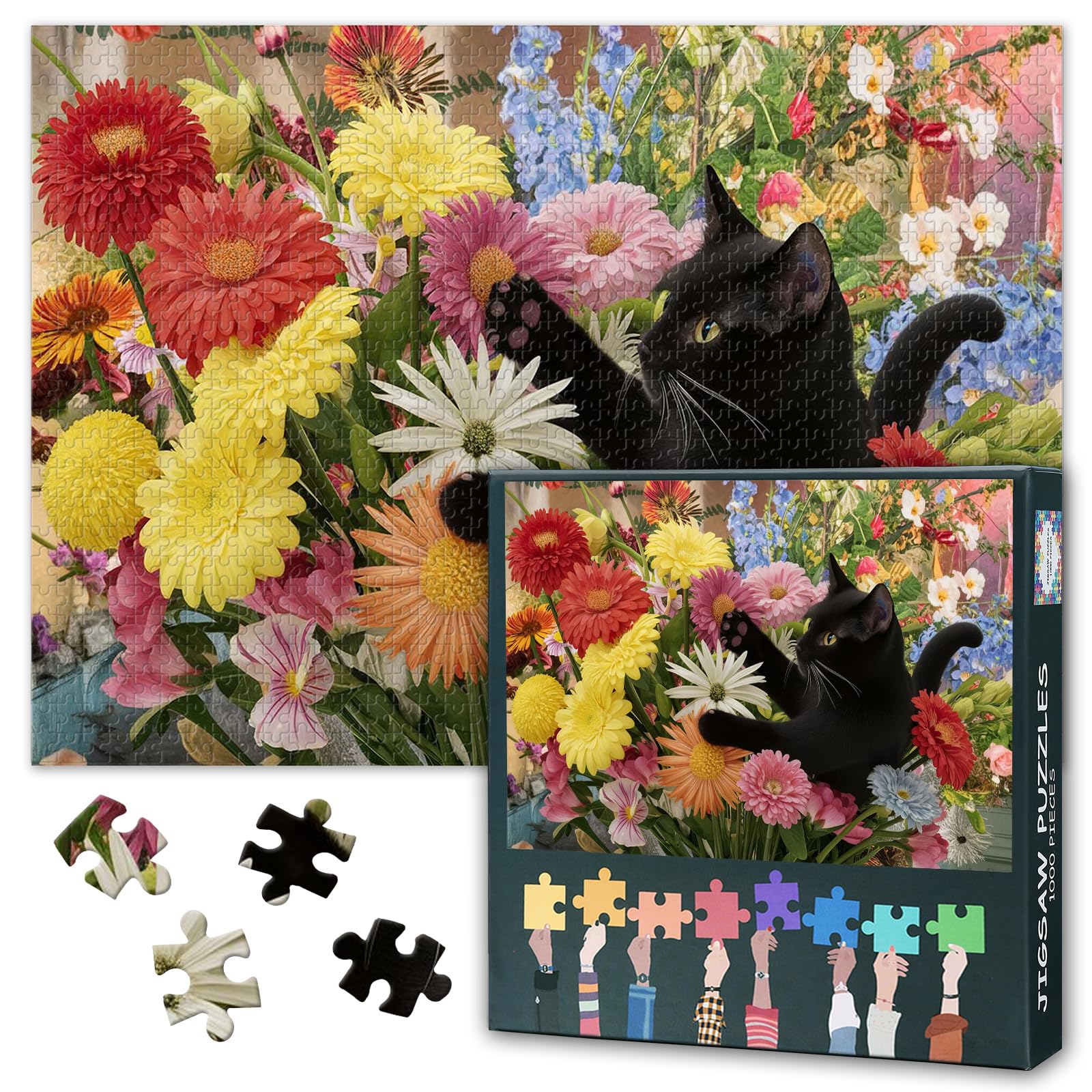 Jigsaw Puzzles for Adults 1000 Pieces - Adorable Black Cat in Blooming Flower Garden, Premium 1000 Piece Puzzle, Coolest Adult Jigsaw Puzzle with Charming Floral(27.5x19.7 Inch) โ image 1