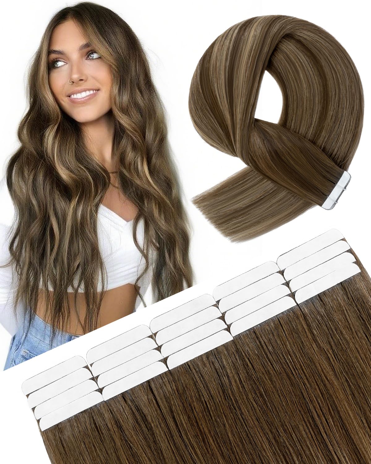 SLEEKALON Invisible Tape in Hair Extensions Real Human Hair 20 Pcs Thinned Version #4/4/27 Ombre Midium Brown/Dark Blonde