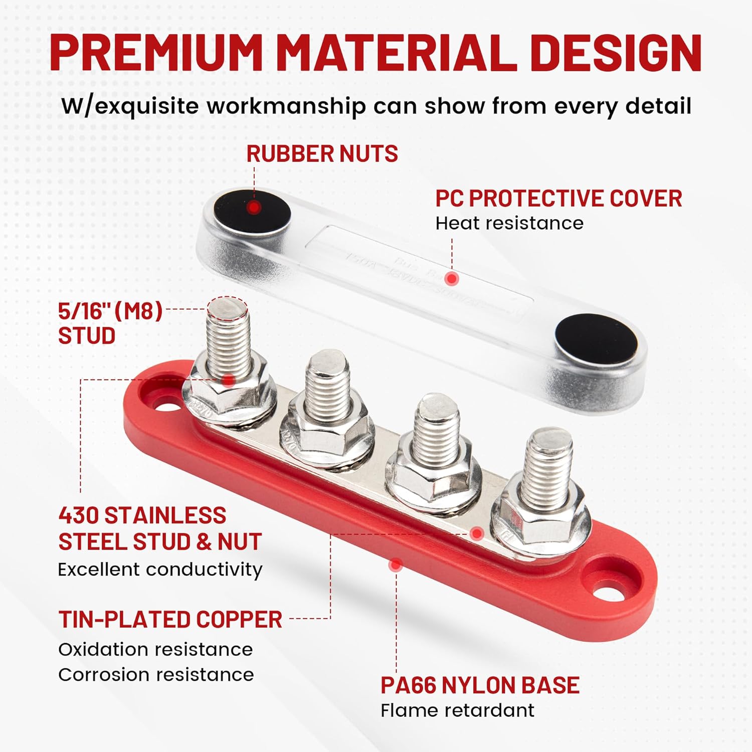RED WOLF 12V 150A Power Distribution Block 4 Post 5/16" Stud Busbar M8 Terminal Bus Bar 12-48 Volt DC Battery Junction Post for Auto Boat Marine Solar System Positive Negative