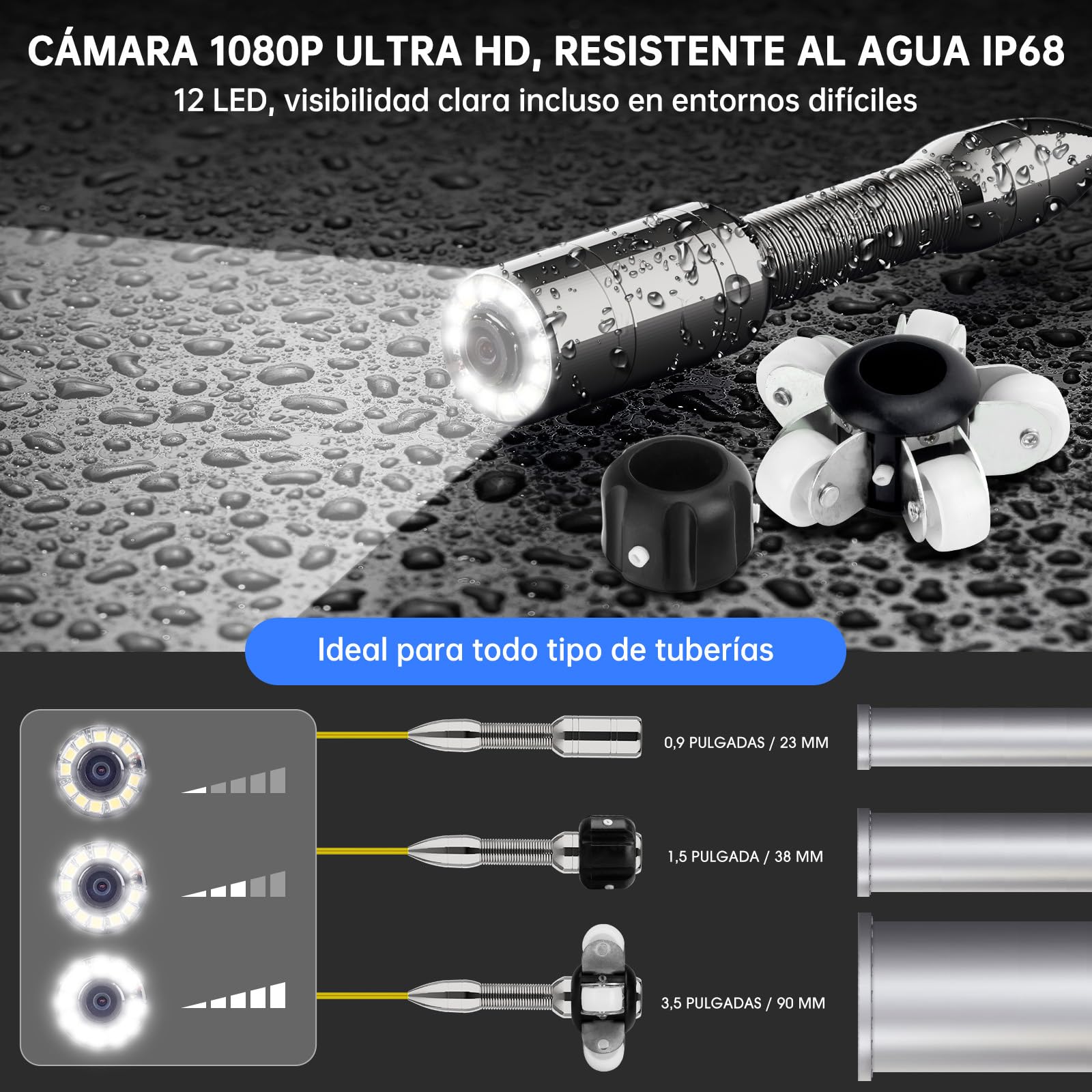 Cámara de Inspección de Alcantarillado Autonivelante 30M con Localizador 512Hz, Pantalla Táctil de 9 Pulgadas 1080P, Contador Automático, Tarjeta de 32GB y 12 Luces LED para Tuberías de Desagüe