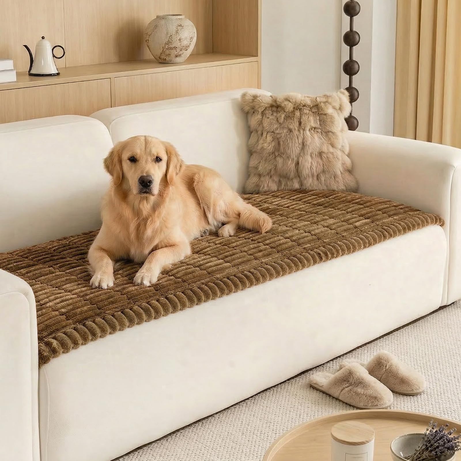LiveGo Milk Velvet Sofa Cover - Washable Pet-Friendly Couch Cover, Non-Slip Fuzzy Sofa Protector for 2/3/4 Seater, Soft Dog-Resistant Furniture Cover for Living Room (Brown E, 70 * 150cm)
