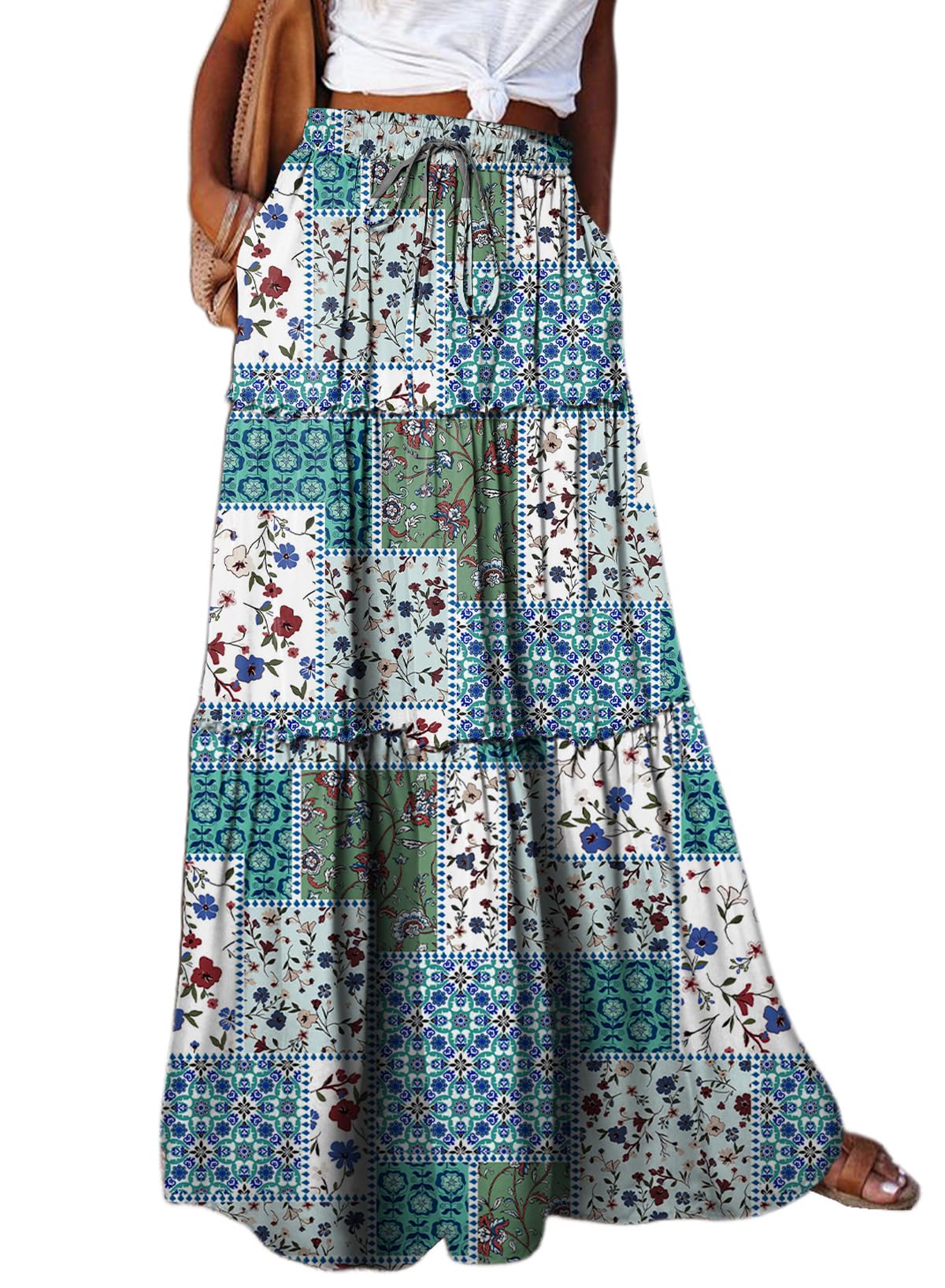 Happy Sailed Womens Floral Print Boho Maxi Skirt Elastic High Waist Pleated Ruffle Flowy Long Skirts S-XL