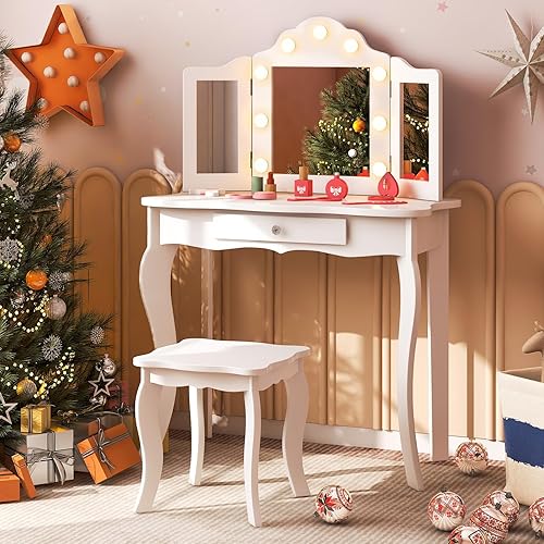 Miniatura 17 de Costzon Juego de mesa de tocador y taburete de madera para niños, diseño desmontable 2 en 1 con tocador y escritorio, tocador de maquillaje de