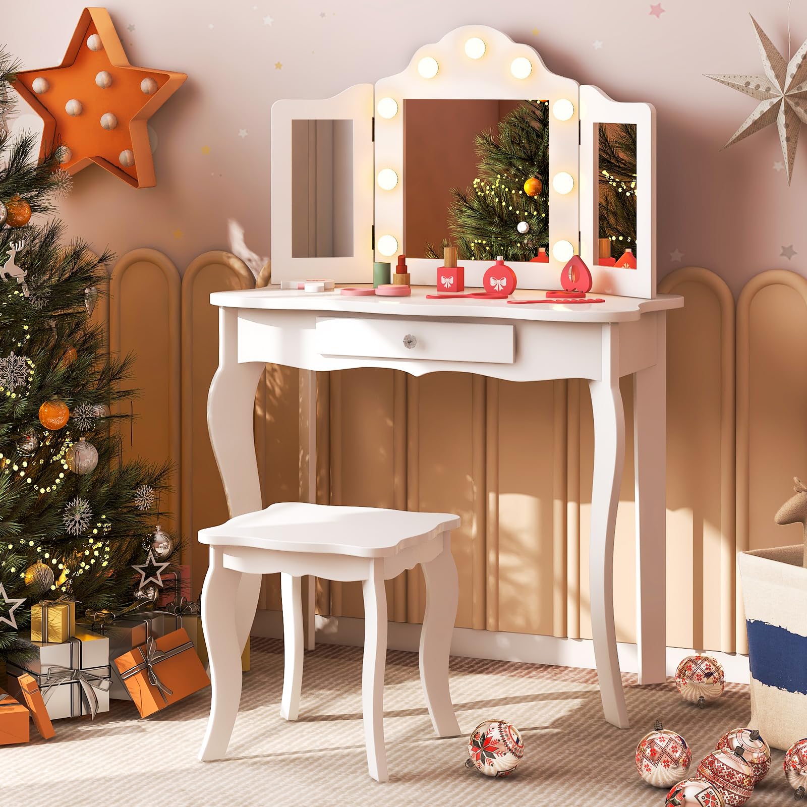 LIFEZEAL toeletta 2 in 1 per bambini con sgabello e cassetto, tavolo da trucco BIMBI con triplo specchio e 9 luci a LED in 3 modalità, antiribaltamento per Ragazzi dai 3 anni in su (Bianco)