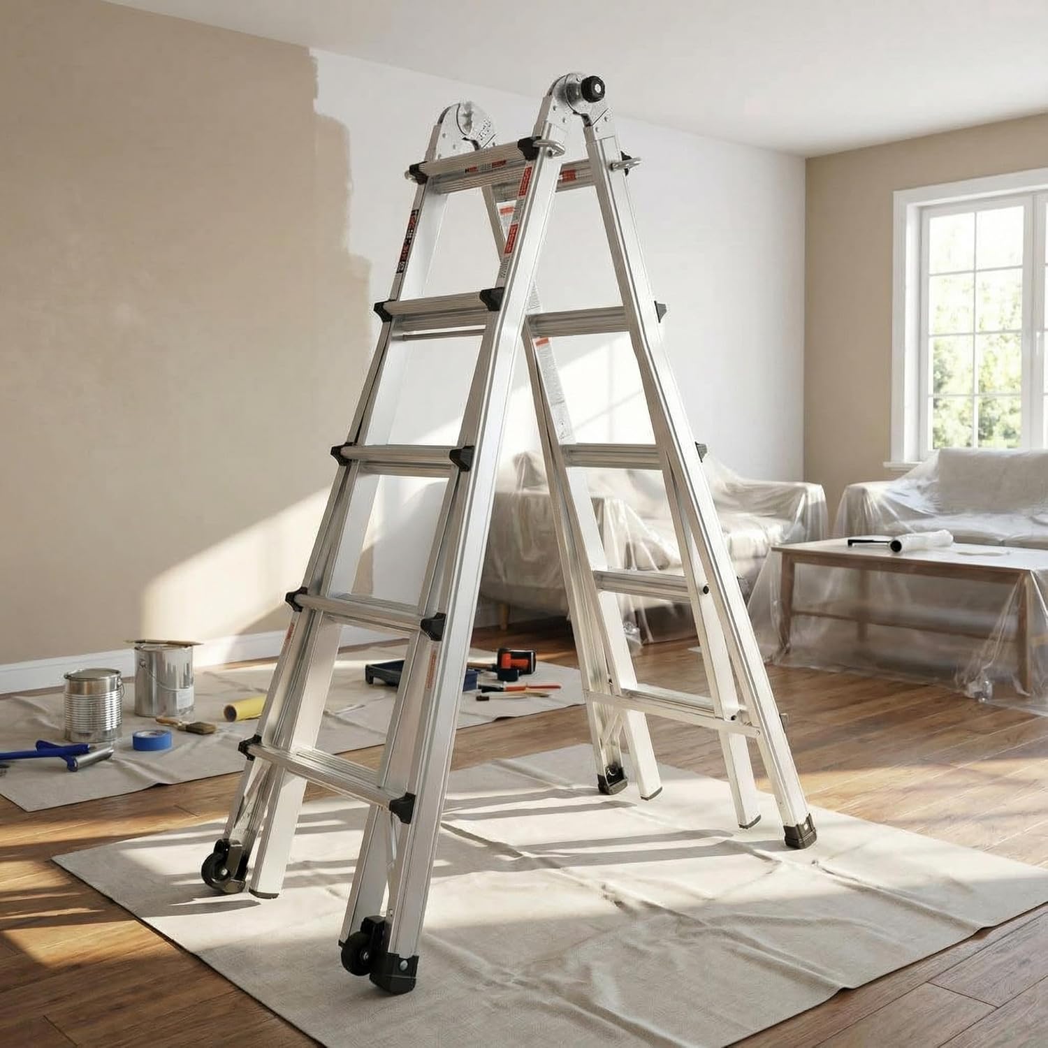 22FT Aluminum Multi-Position Ladder with Wheels, Type IA 300Lb Capacity