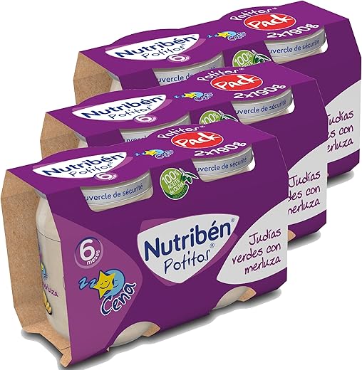 Nutribén Potitos Cena De Judías Verdes y Merluza Desde Los 6 Meses, 3 Bipacks (6 X 190 Gr.)